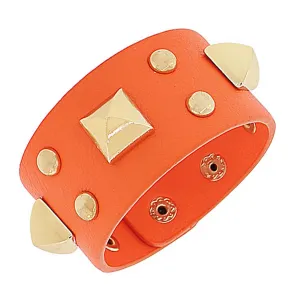 Fashion Alloy Orange Faux PU Leather Rose Gold-Tone Spikes Wide Wristband Wrap Bracelet