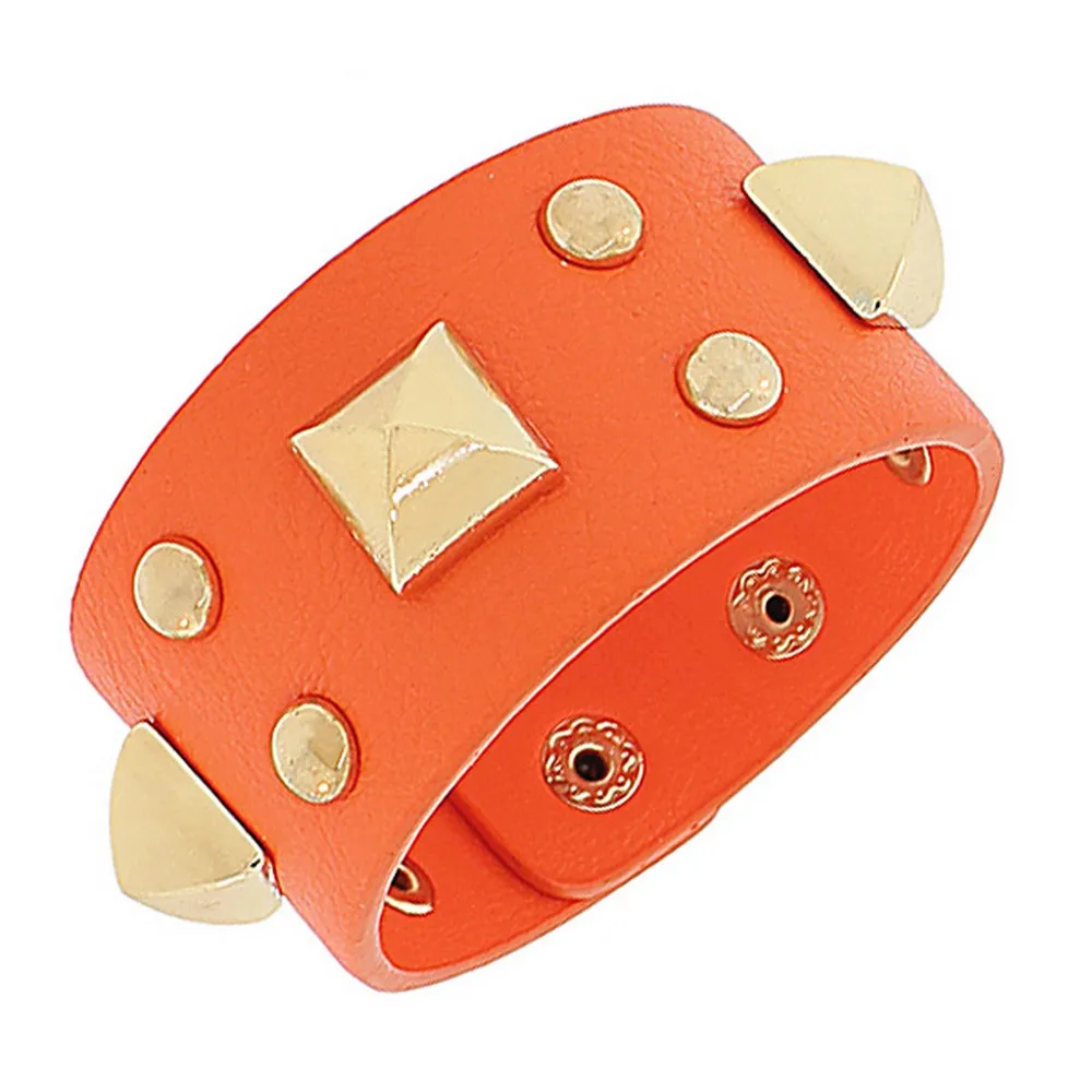 Fashion Alloy Orange Faux PU Leather Rose Gold-Tone Spikes Wide Wristband Wrap Bracelet