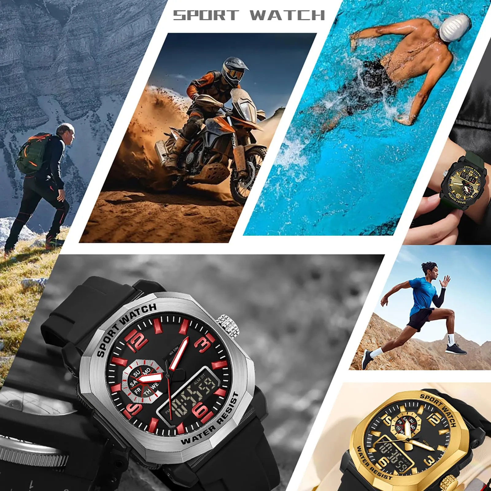 Findtime Cool Watches for Men Construction Heavy Duty Punk Designer Unique Sports Wrist Watch with 5ATM Waterproof Dual Time Display