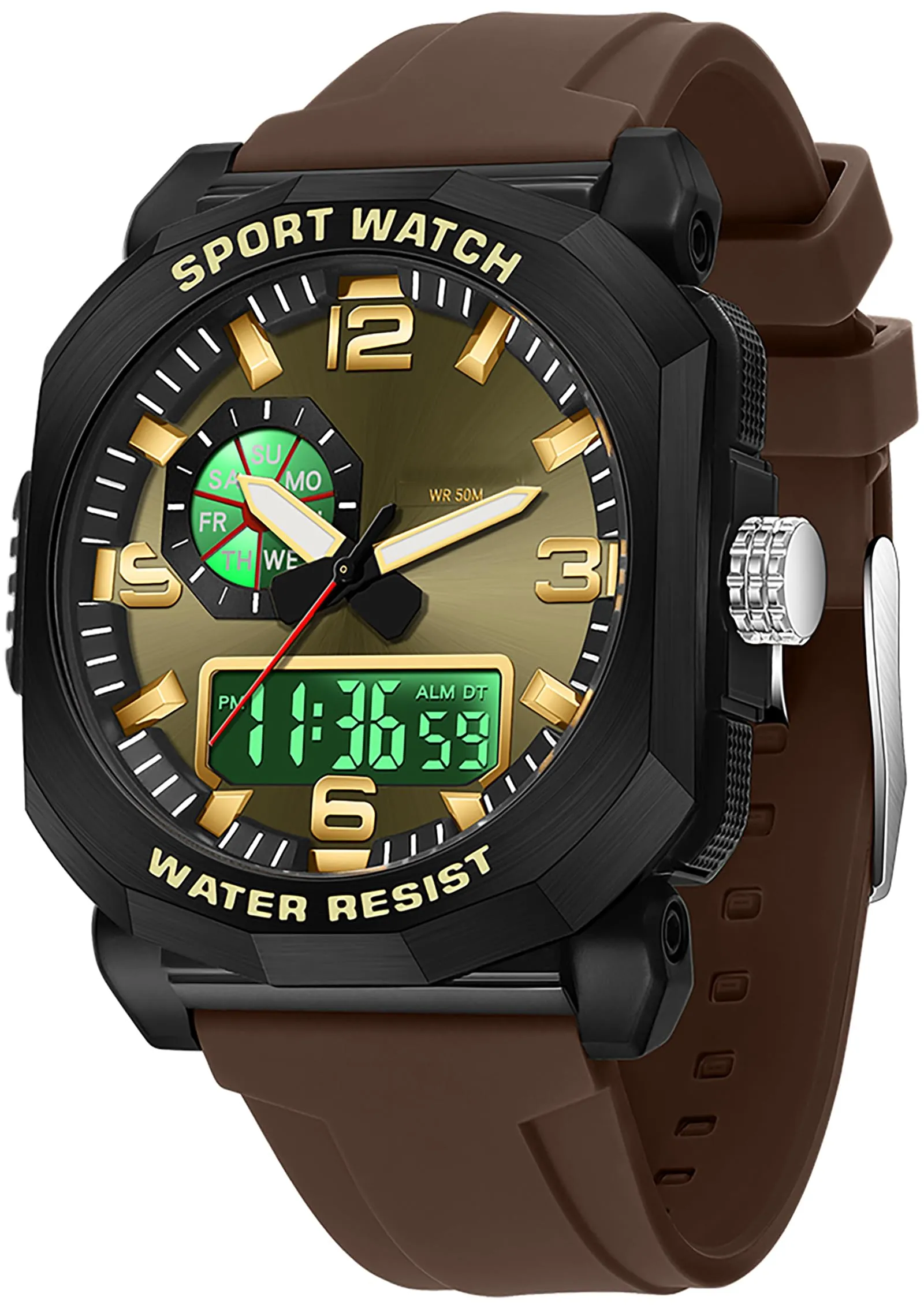 Findtime Cool Watches for Men Construction Heavy Duty Punk Designer Unique Sports Wrist Watch with 5ATM Waterproof Dual Time Display