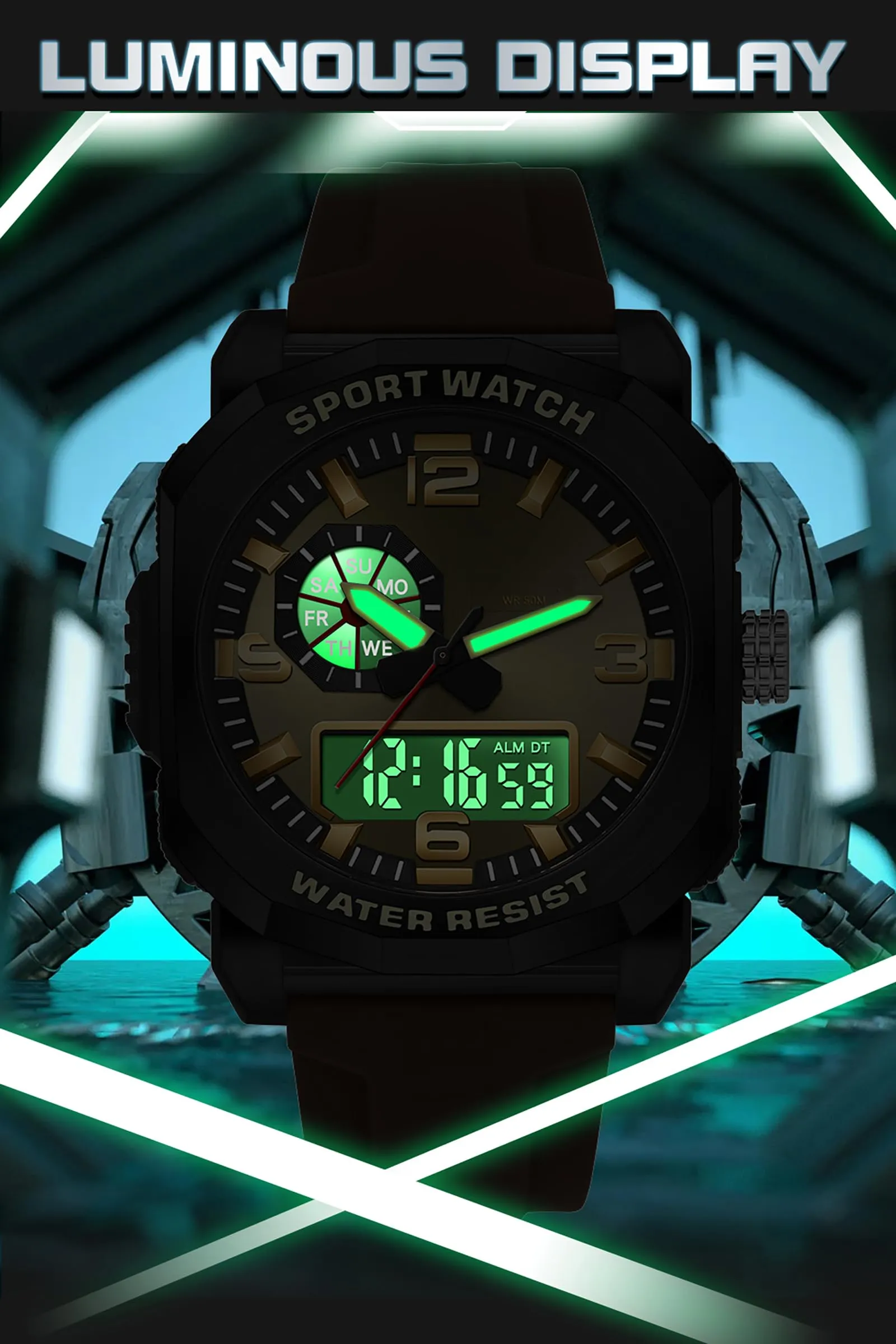Findtime Cool Watches for Men Construction Heavy Duty Punk Designer Unique Sports Wrist Watch with 5ATM Waterproof Dual Time Display