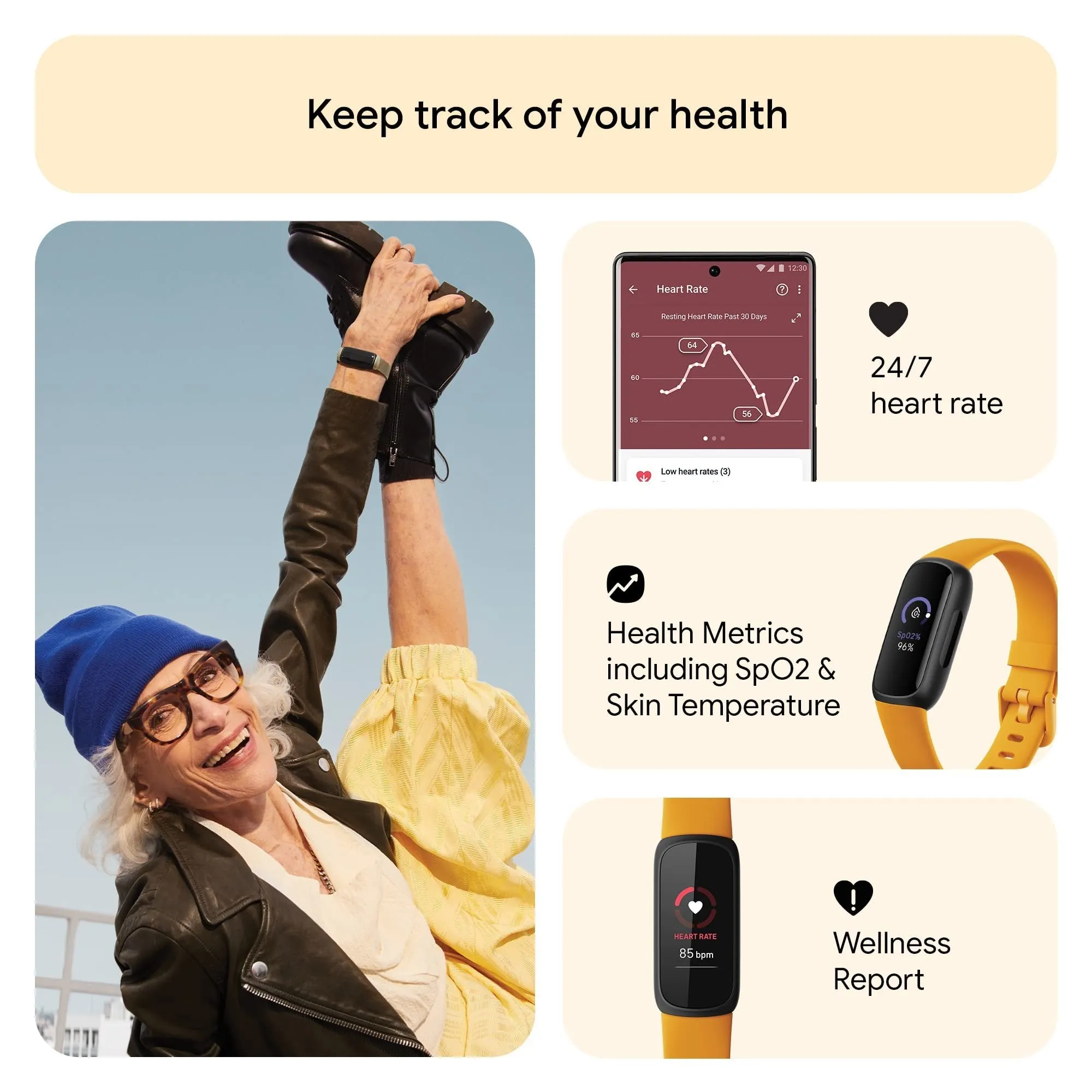 Fitbit Inspire 3 Health & Fitness Tracker, Morning Glow / Black