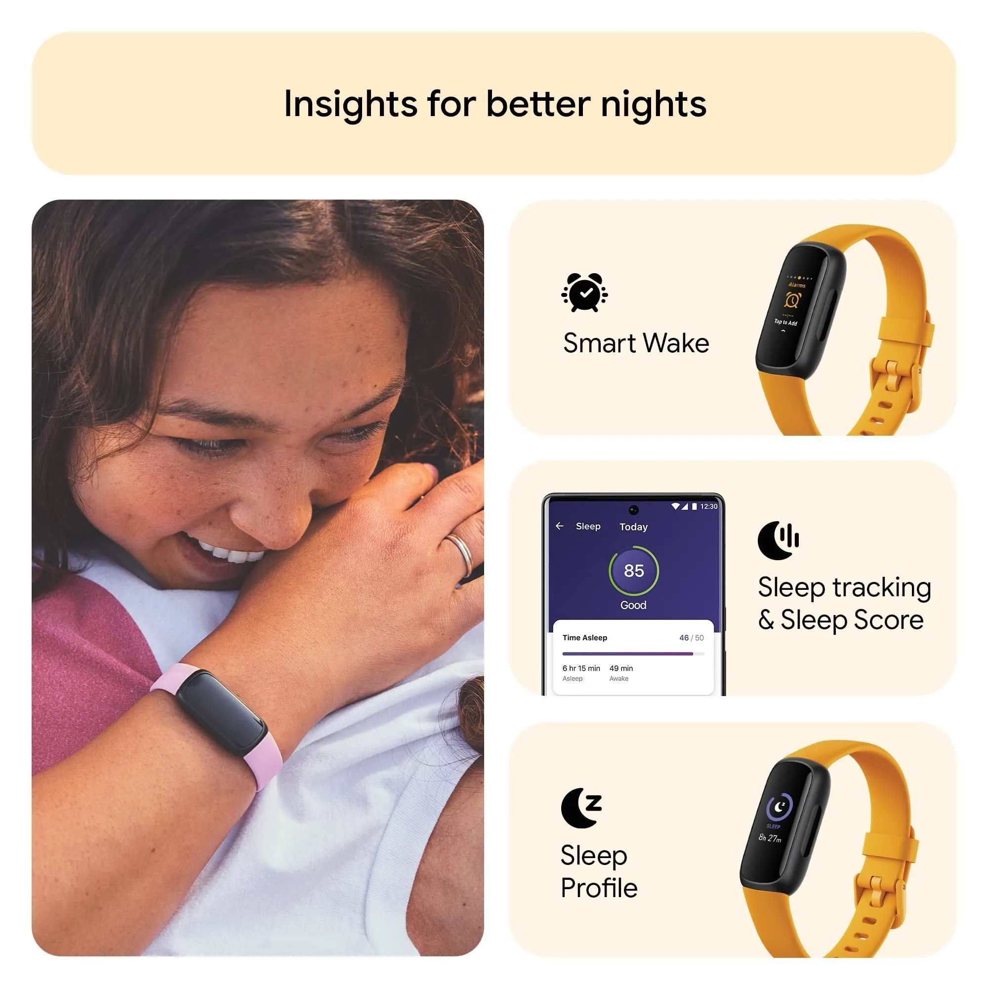 Fitbit Inspire 3 Health & Fitness Tracker, Morning Glow / Black
