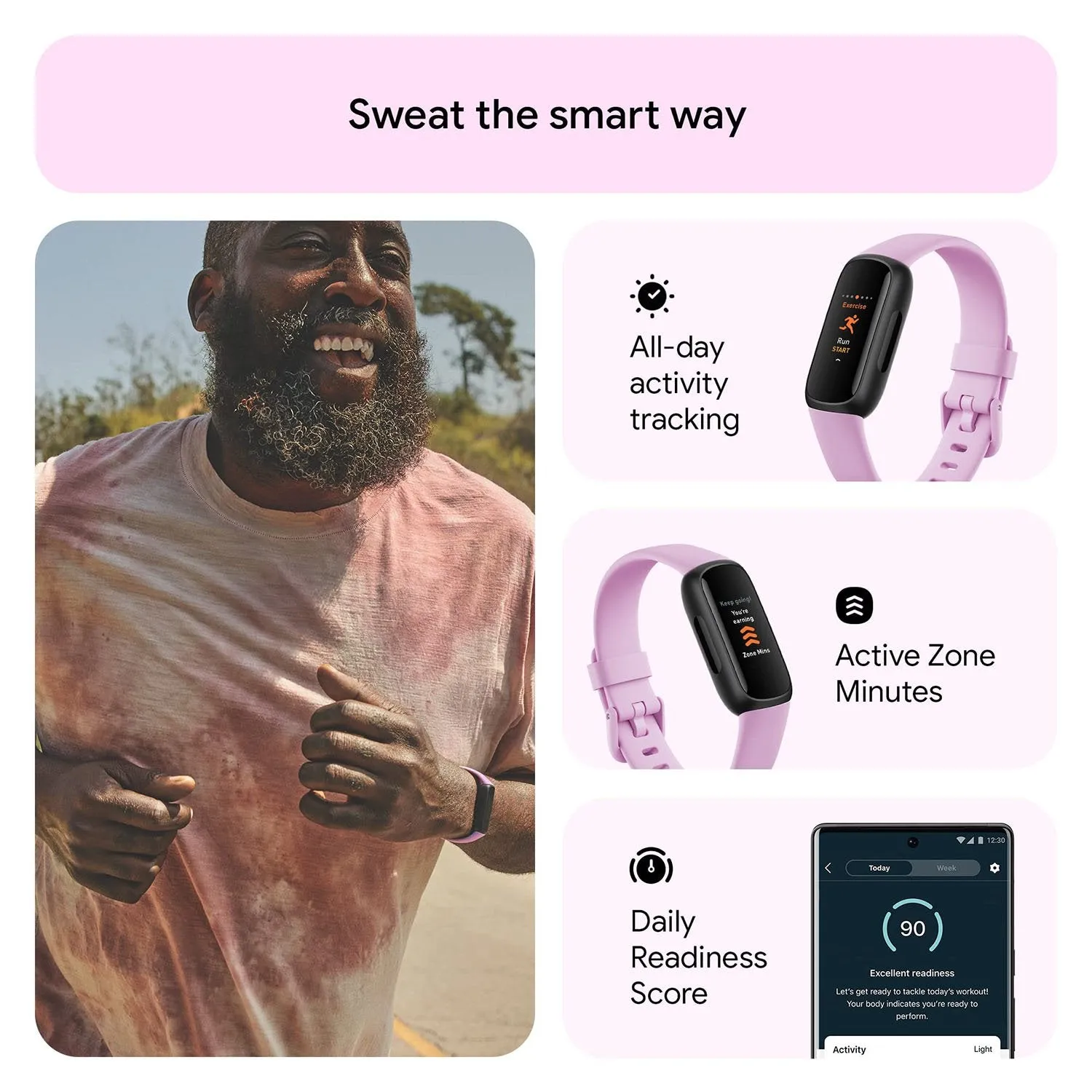 Fitbit  Inspire 3 Health & Fitness Tracker, Stress Management - Lilac Bliss/Black