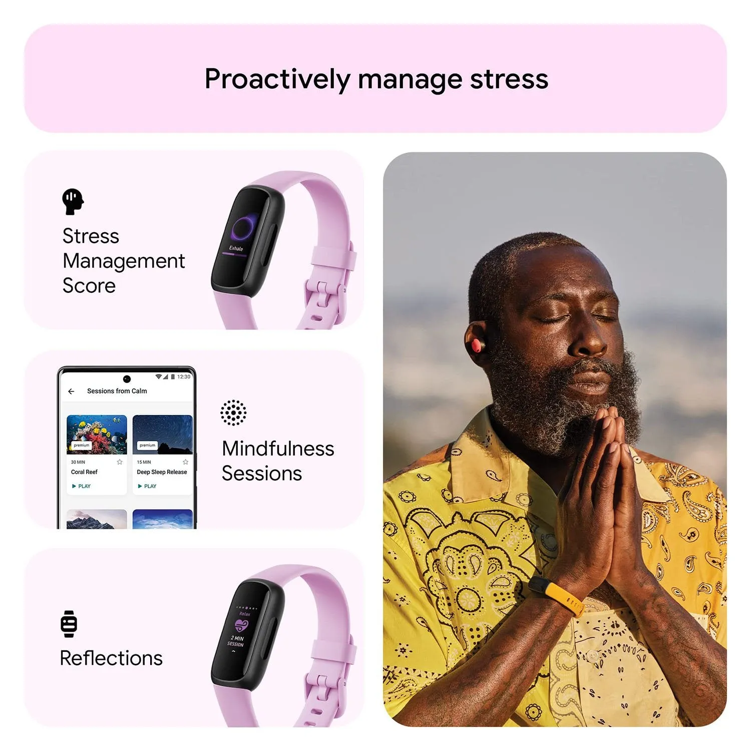 Fitbit  Inspire 3 Health & Fitness Tracker, Stress Management - Lilac Bliss/Black