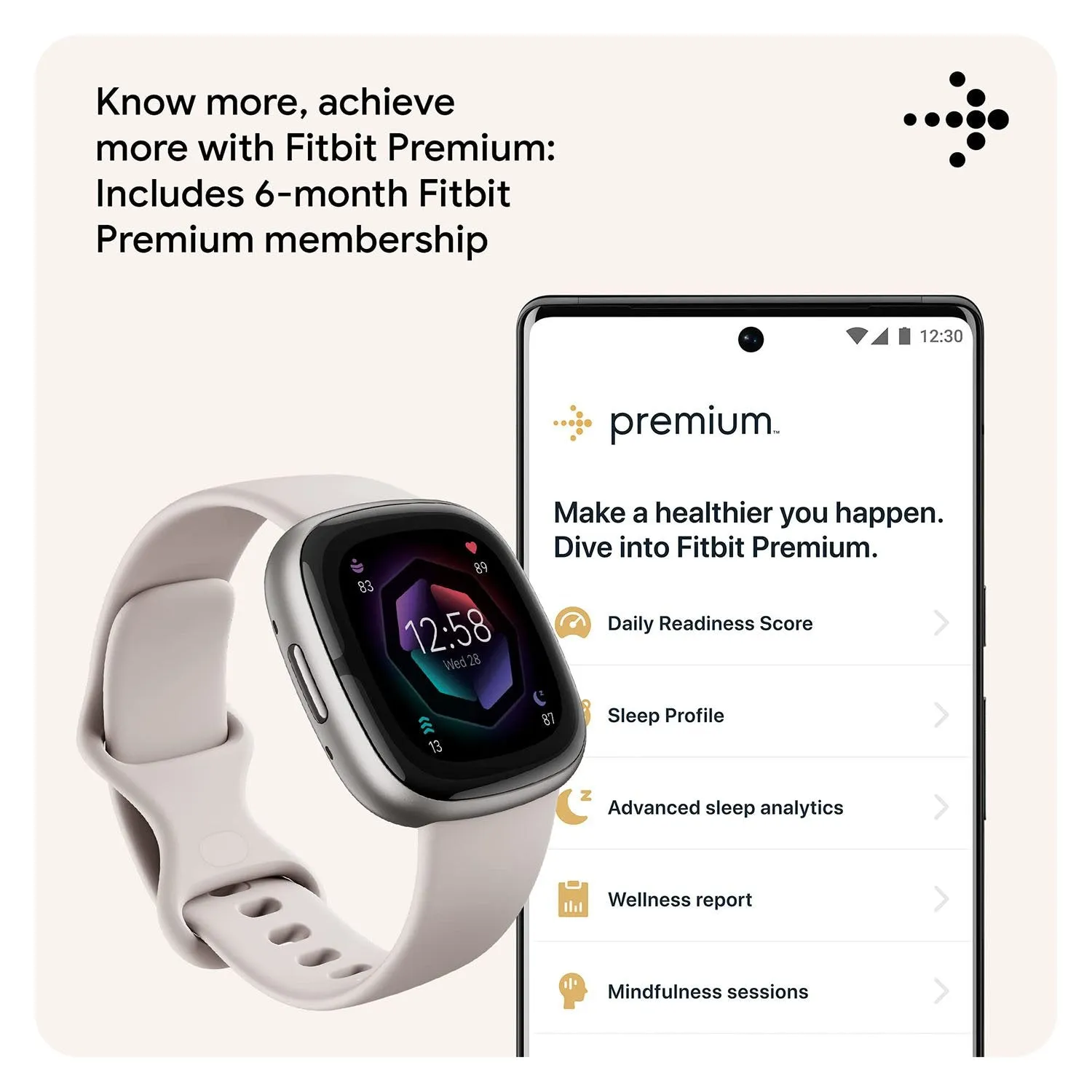 Fitbit Sense 2 Advanced Health & Fitness Smartwatch, Sleep Tools - Lunar White/Platinum