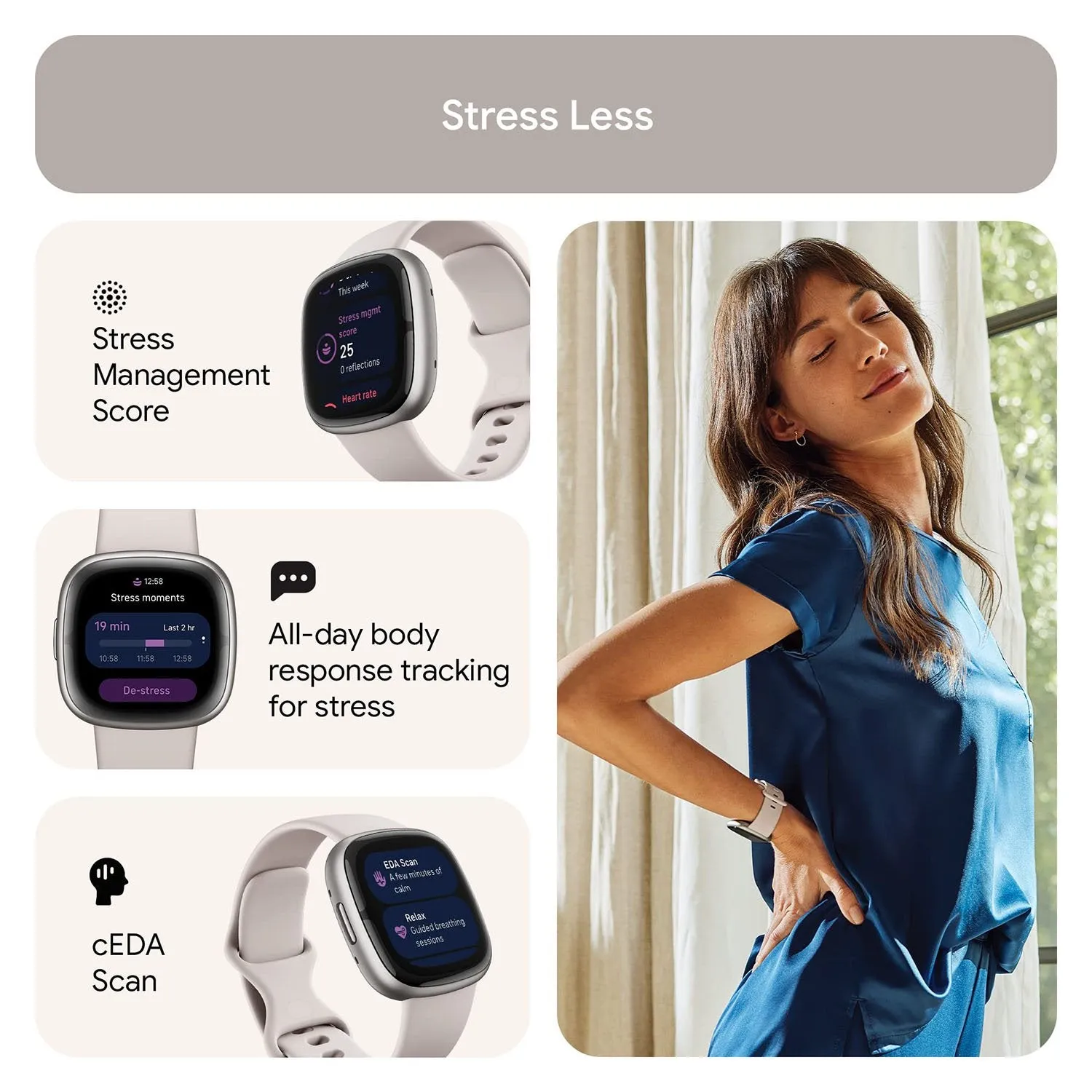 Fitbit Sense 2 Advanced Health & Fitness Smartwatch, Sleep Tools - Lunar White/Platinum