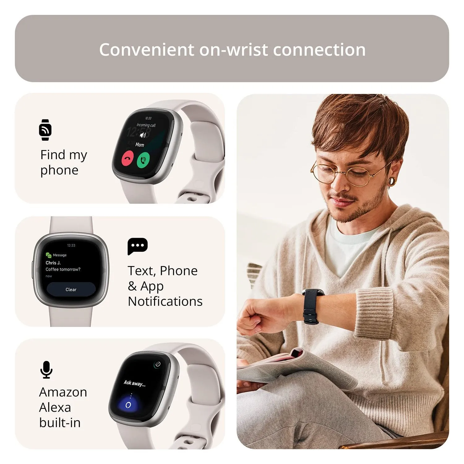 Fitbit Sense 2 Advanced Health & Fitness Smartwatch, Sleep Tools - Lunar White/Platinum