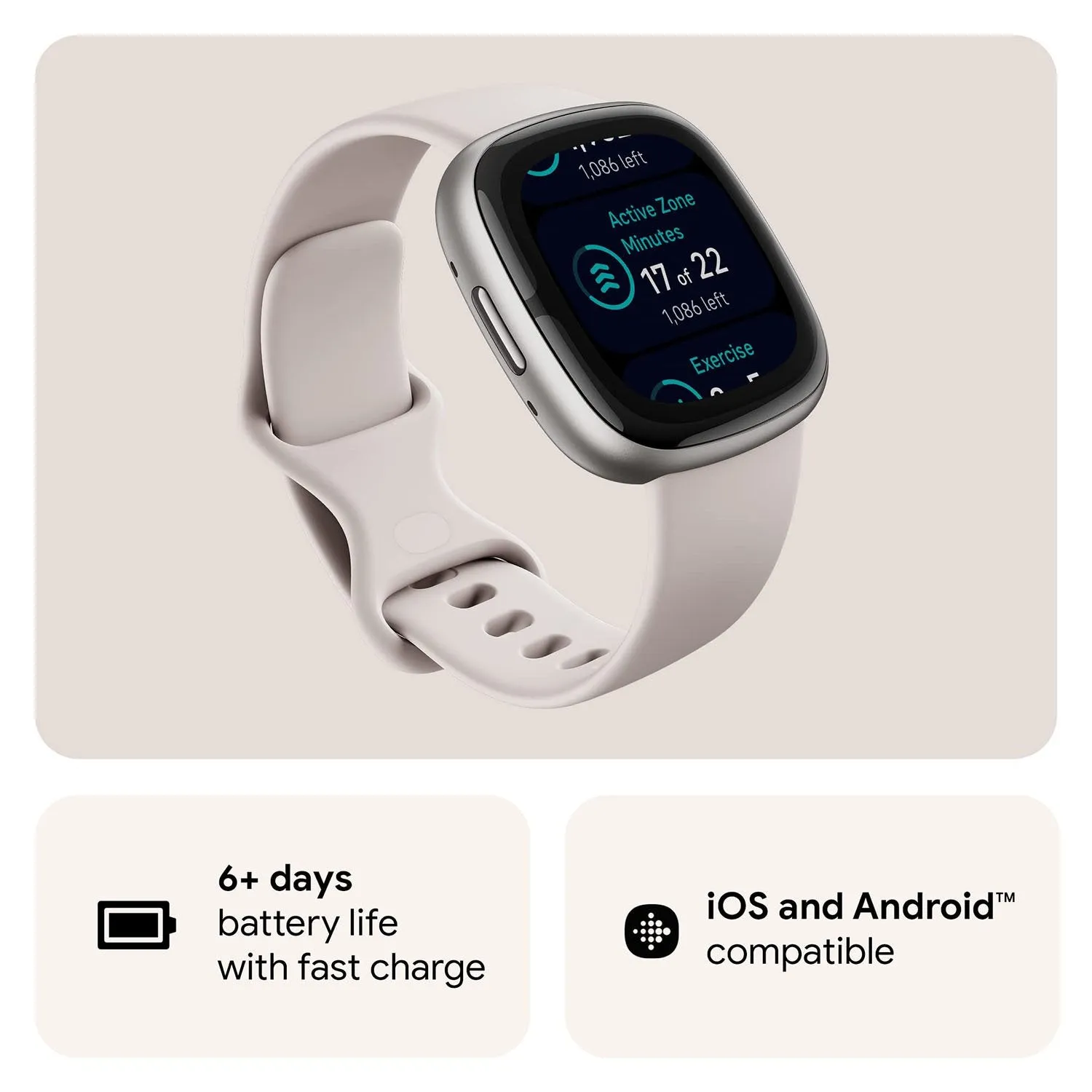 Fitbit Sense 2 Advanced Health & Fitness Smartwatch, Sleep Tools - Lunar White/Platinum