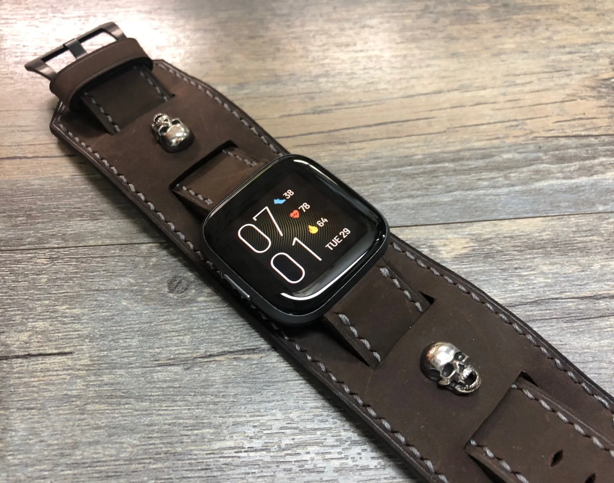 Fitbit Watch Band, Watch Strap, Fitbit Versa 2, Versa Lite Watch Strap Replacement, Dark Brown Fitbit Leather Watch Band, Sterling Silver 925 Skull