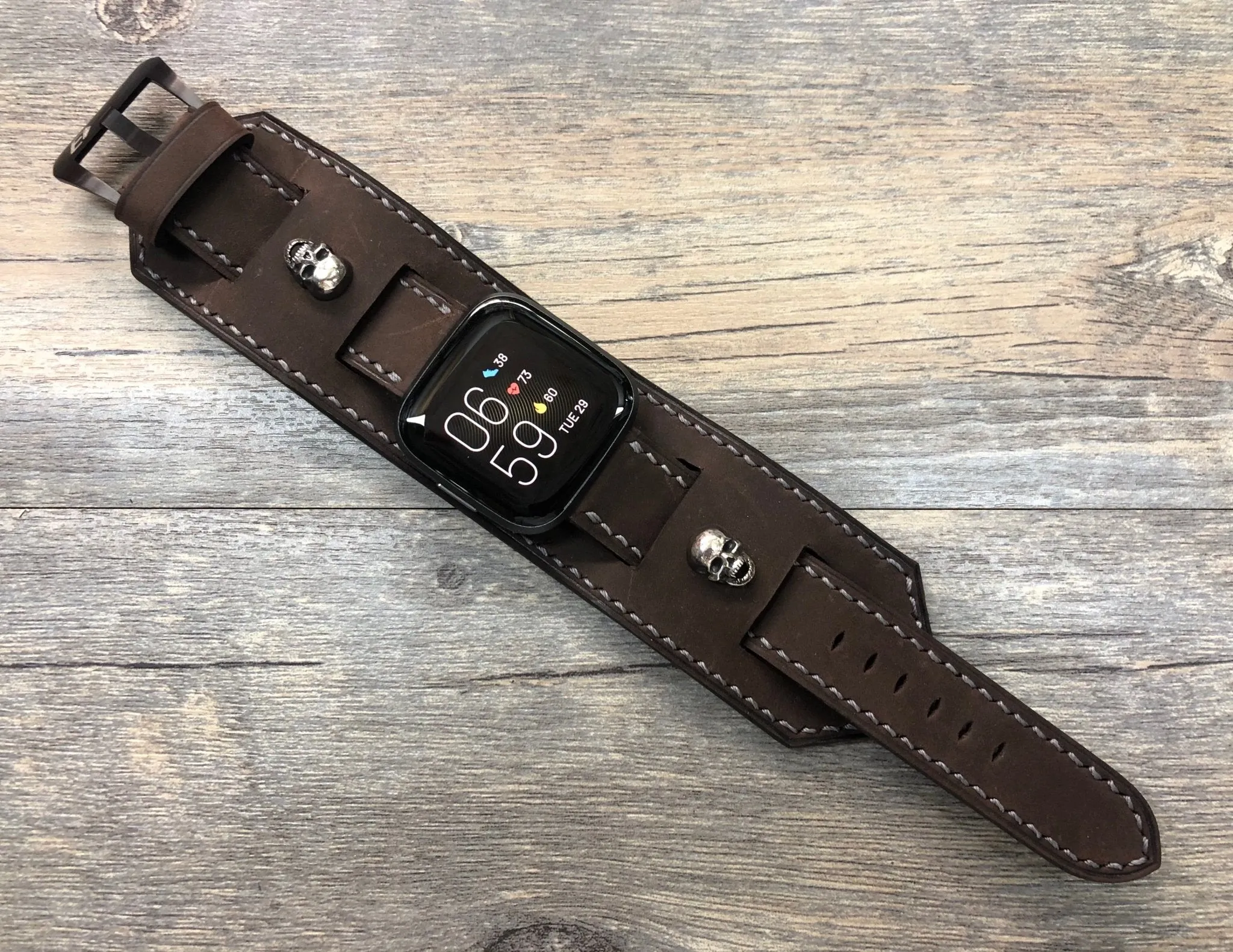 Fitbit Watch Band, Watch Strap, Fitbit Versa 2, Versa Lite Watch Strap Replacement, Dark Brown Fitbit Leather Watch Band, Sterling Silver 925 Skull