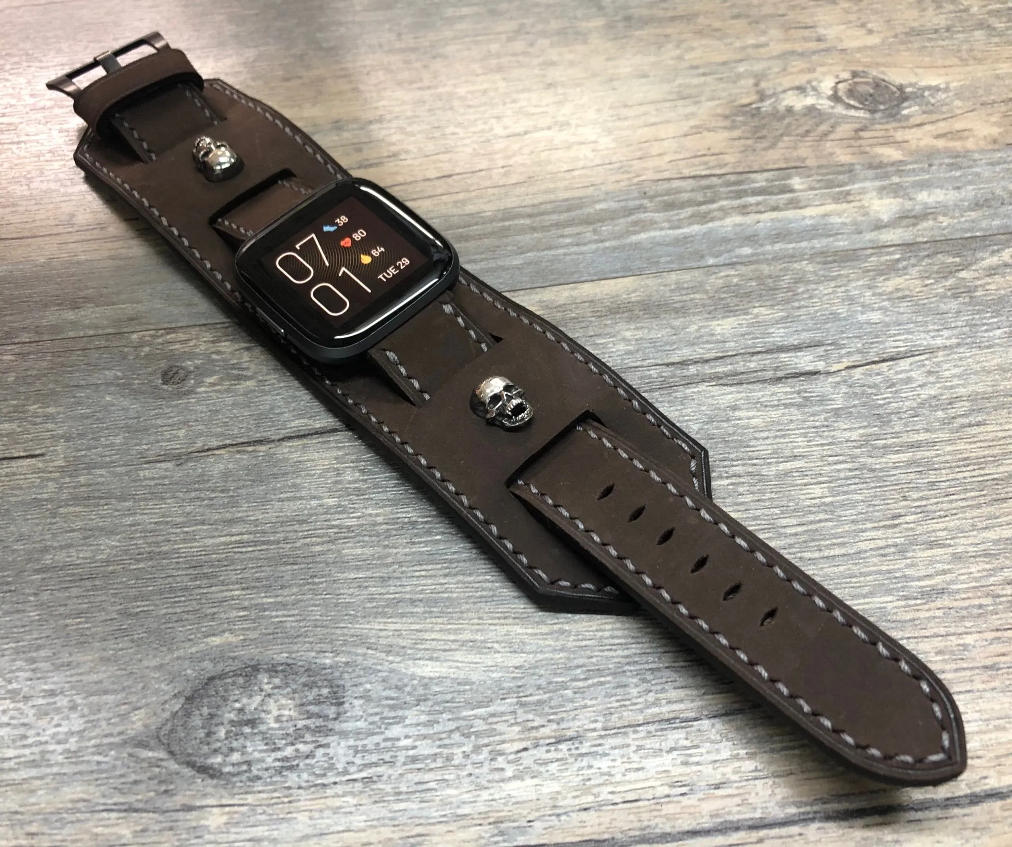 Fitbit Watch Band, Watch Strap, Fitbit Versa 2, Versa Lite Watch Strap Replacement, Dark Brown Fitbit Leather Watch Band, Sterling Silver 925 Skull
