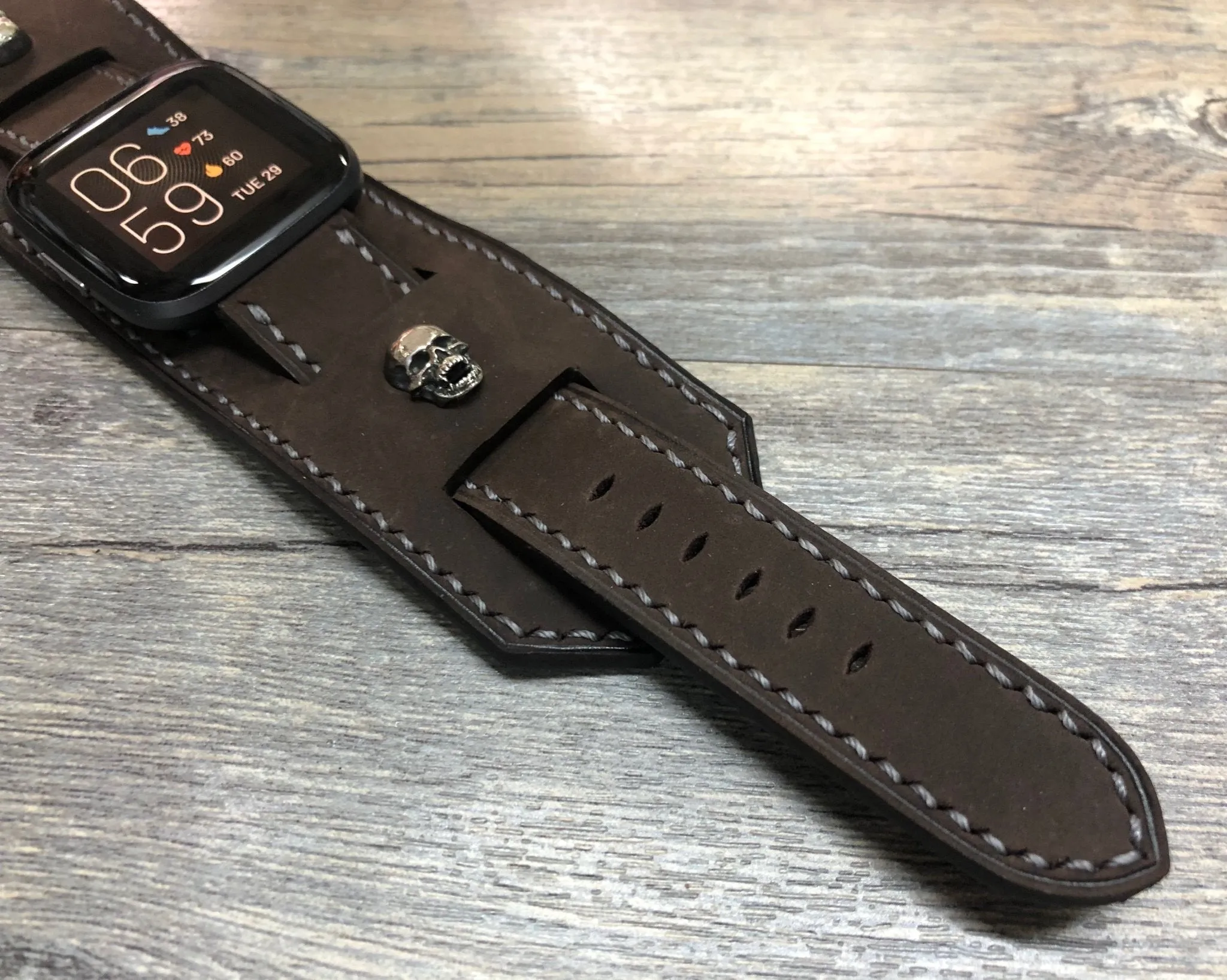 Fitbit Watch Band, Watch Strap, Fitbit Versa 2, Versa Lite Watch Strap Replacement, Dark Brown Fitbit Leather Watch Band, Sterling Silver 925 Skull