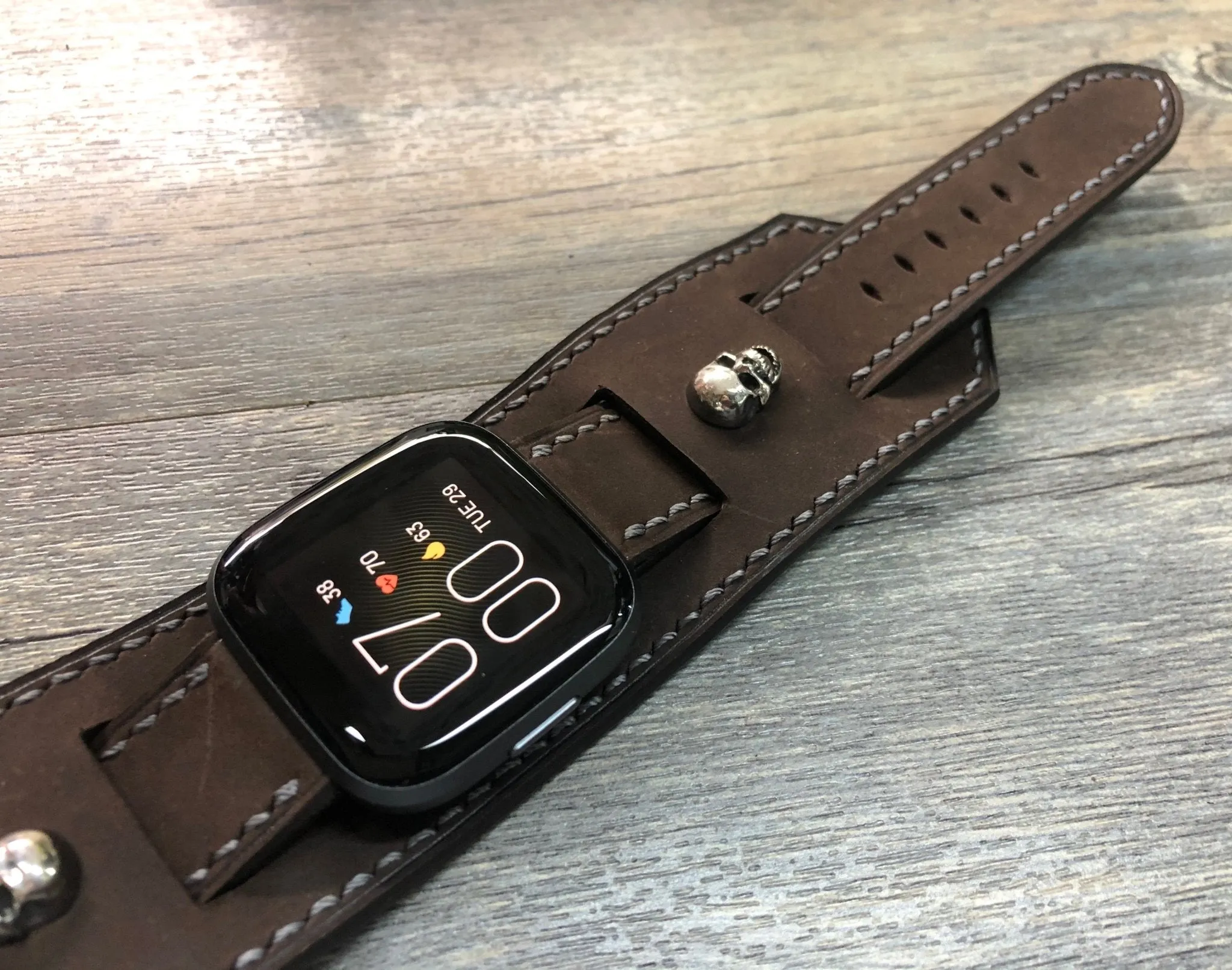 Fitbit Watch Band, Watch Strap, Fitbit Versa 2, Versa Lite Watch Strap Replacement, Dark Brown Fitbit Leather Watch Band, Sterling Silver 925 Skull