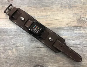Fitbit Watch Band, Watch Strap, Fitbit Versa 2, Versa Lite Watch Strap Replacement, Dark Brown Fitbit Leather Watch Band, Sterling Silver 925 Skull