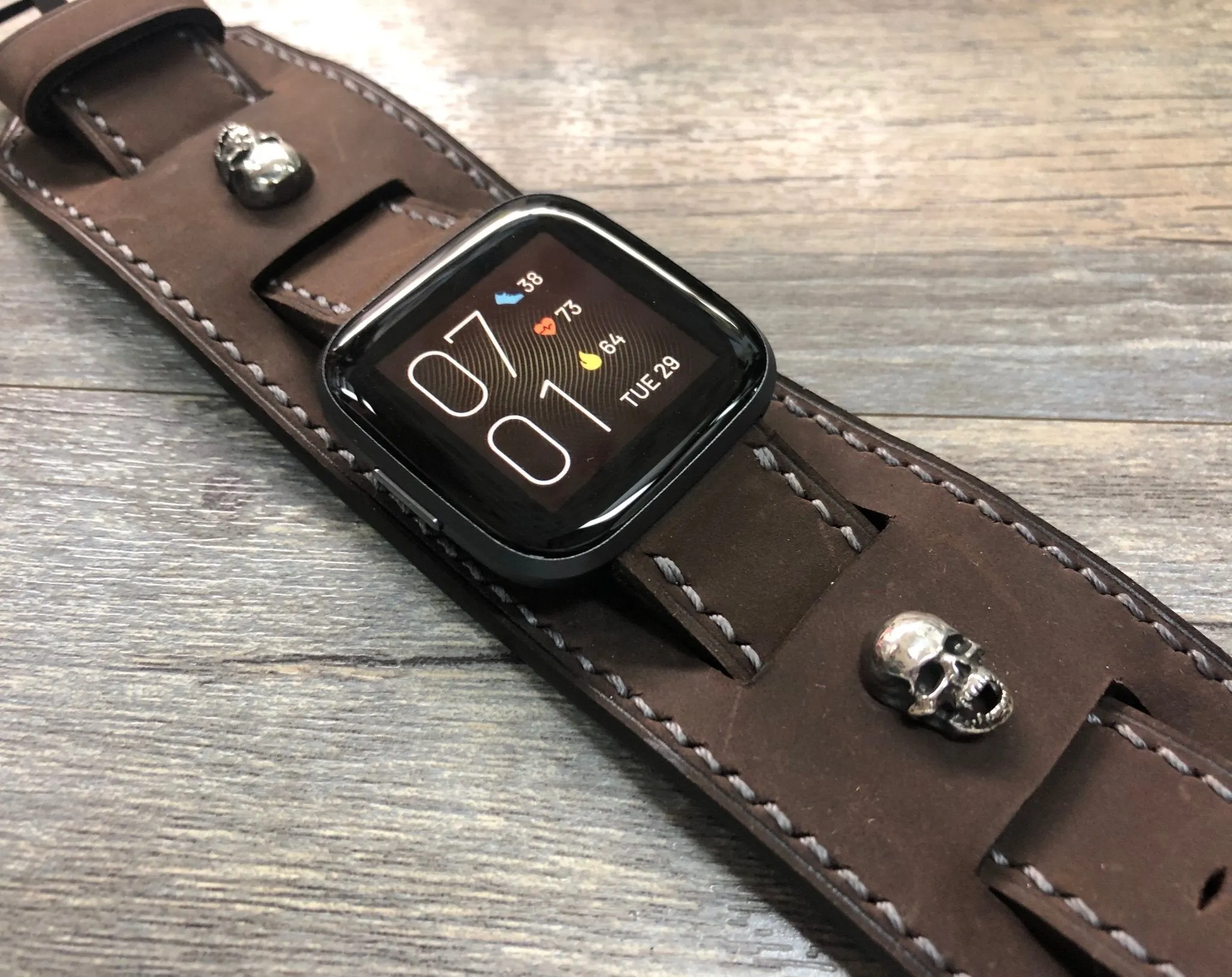 Fitbit Watch Band, Watch Strap, Fitbit Versa 2, Versa Lite Watch Strap Replacement, Dark Brown Fitbit Leather Watch Band, Sterling Silver 925 Skull