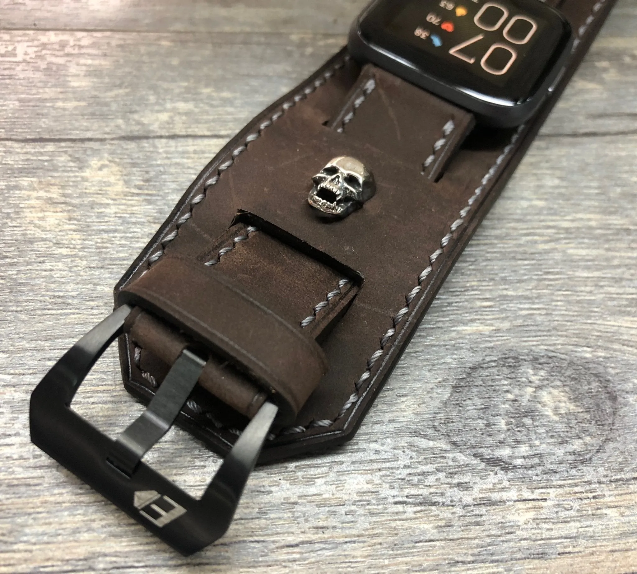 Fitbit Watch Band, Watch Strap, Fitbit Versa 2, Versa Lite Watch Strap Replacement, Dark Brown Fitbit Leather Watch Band, Sterling Silver 925 Skull