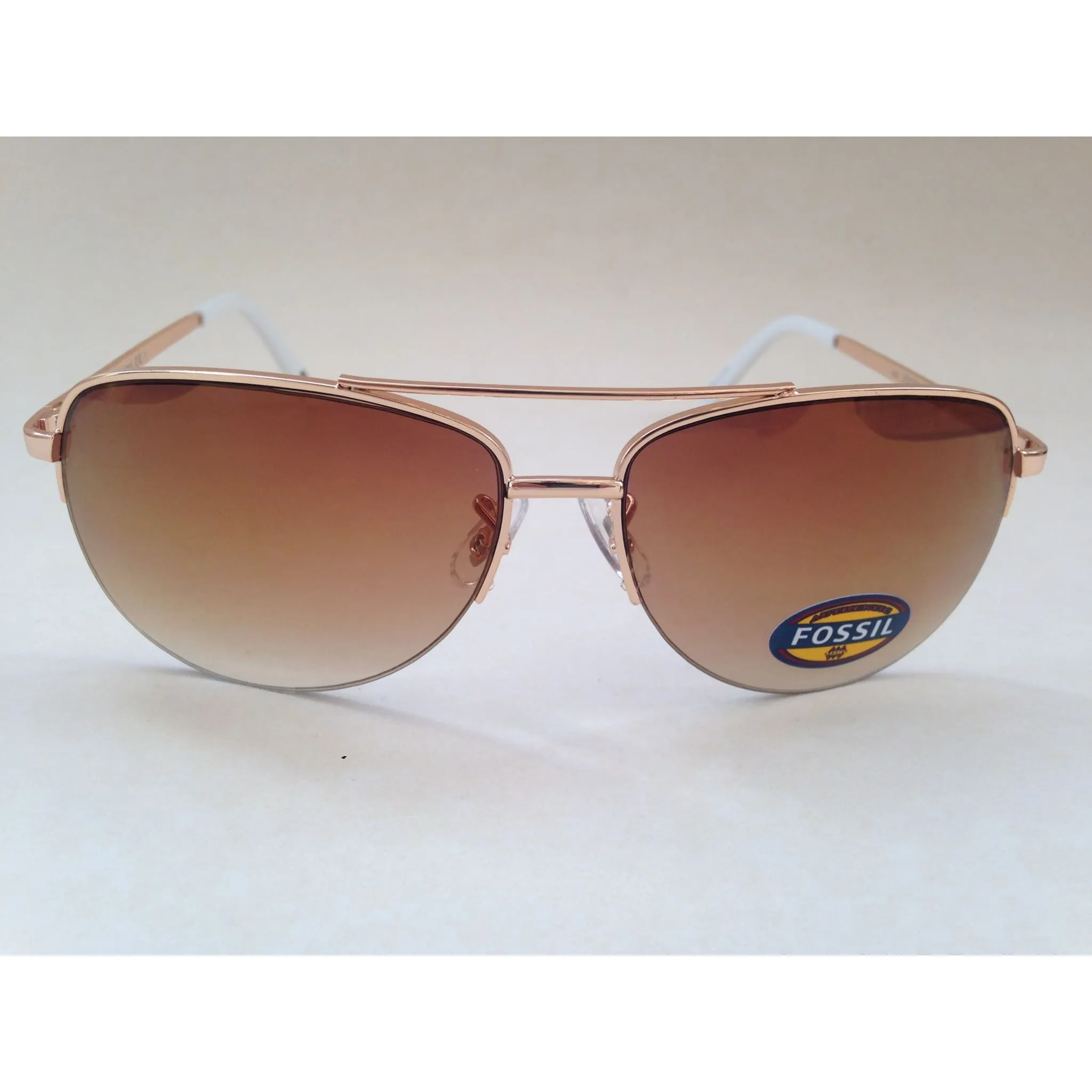 Fossil Aviator Sunglasses Semi Rim Gold Frame Yellow Brown Gradient Mirror Lens FW5