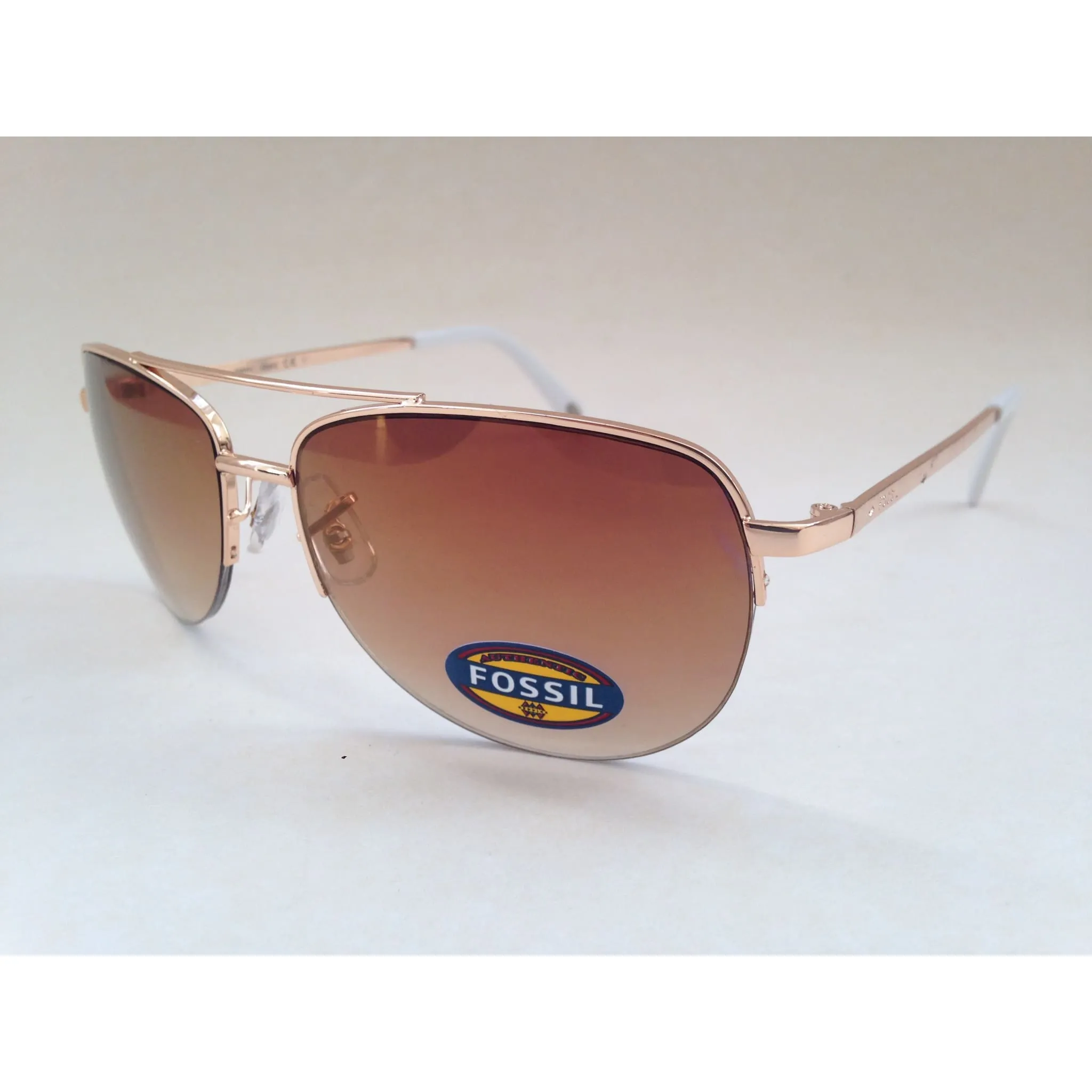 Fossil Aviator Sunglasses Semi Rim Gold Frame Yellow Brown Gradient Mirror Lens FW5