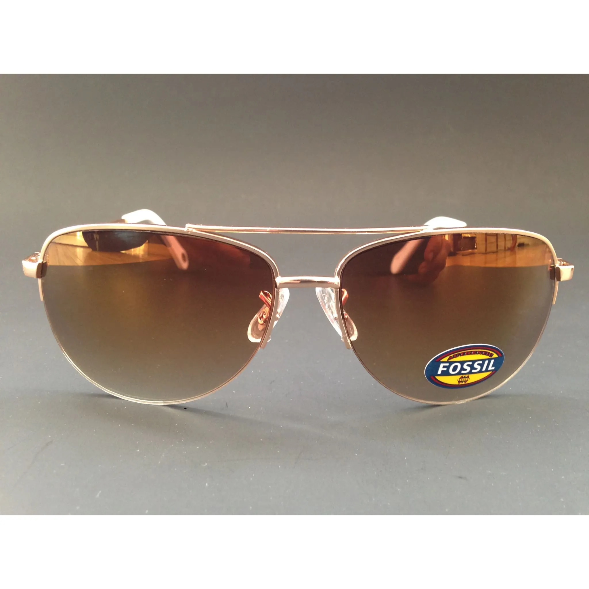 Fossil Aviator Sunglasses Semi Rim Gold Frame Yellow Brown Gradient Mirror Lens FW5