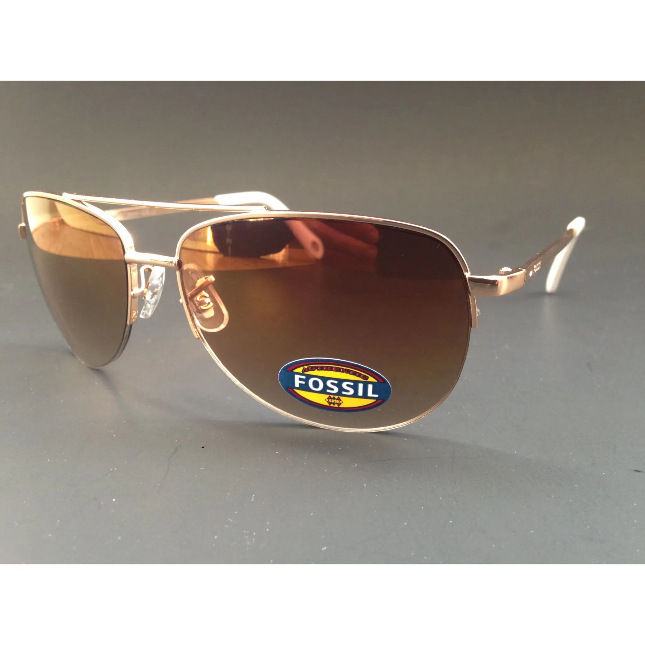Fossil Aviator Sunglasses Semi Rim Gold Frame Yellow Brown Gradient Mirror Lens FW5