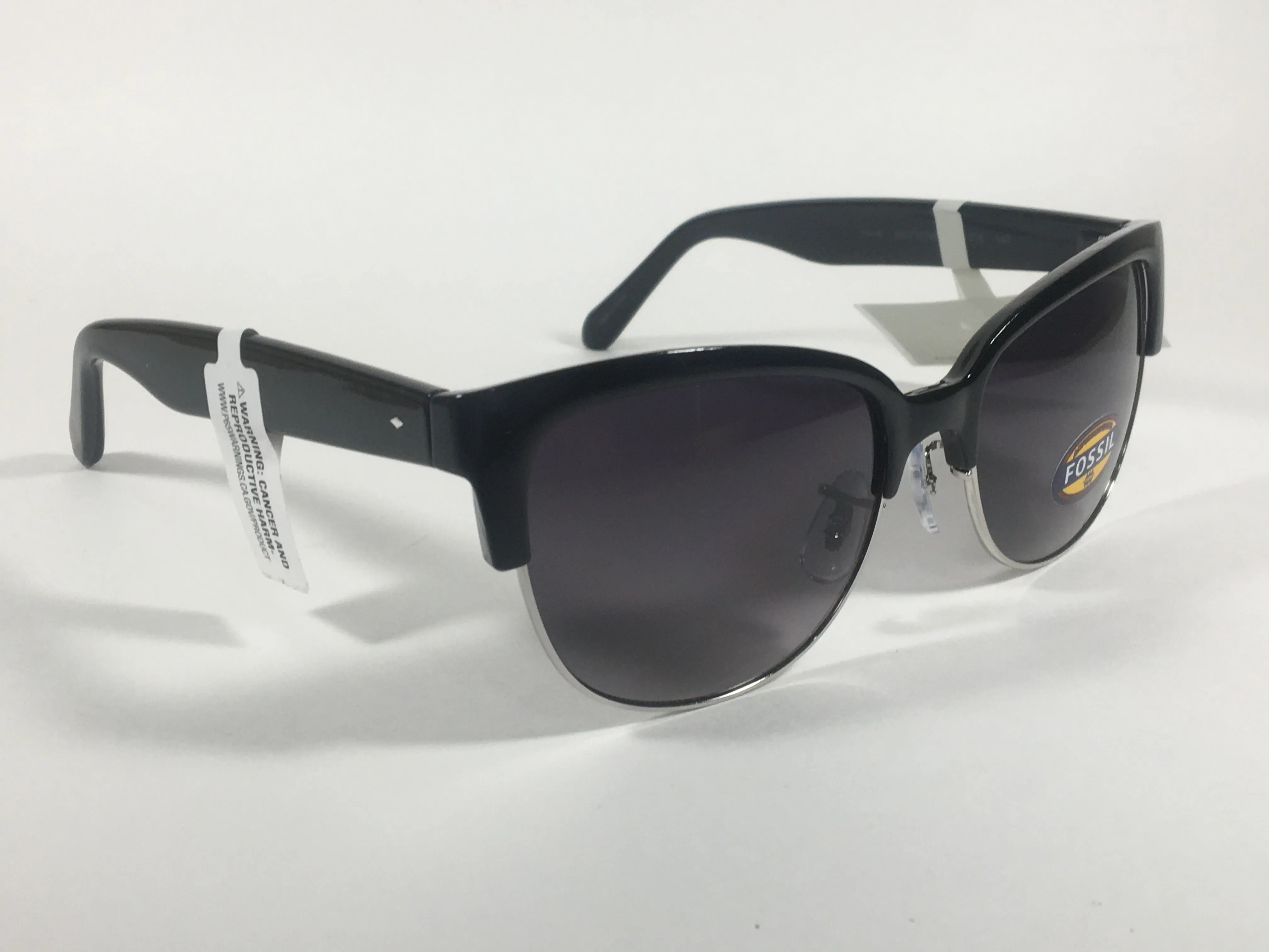 Fossil Catty Club Sunglasses Black Gloss Frame Silver Trim Smoke Gradient Lens FW148