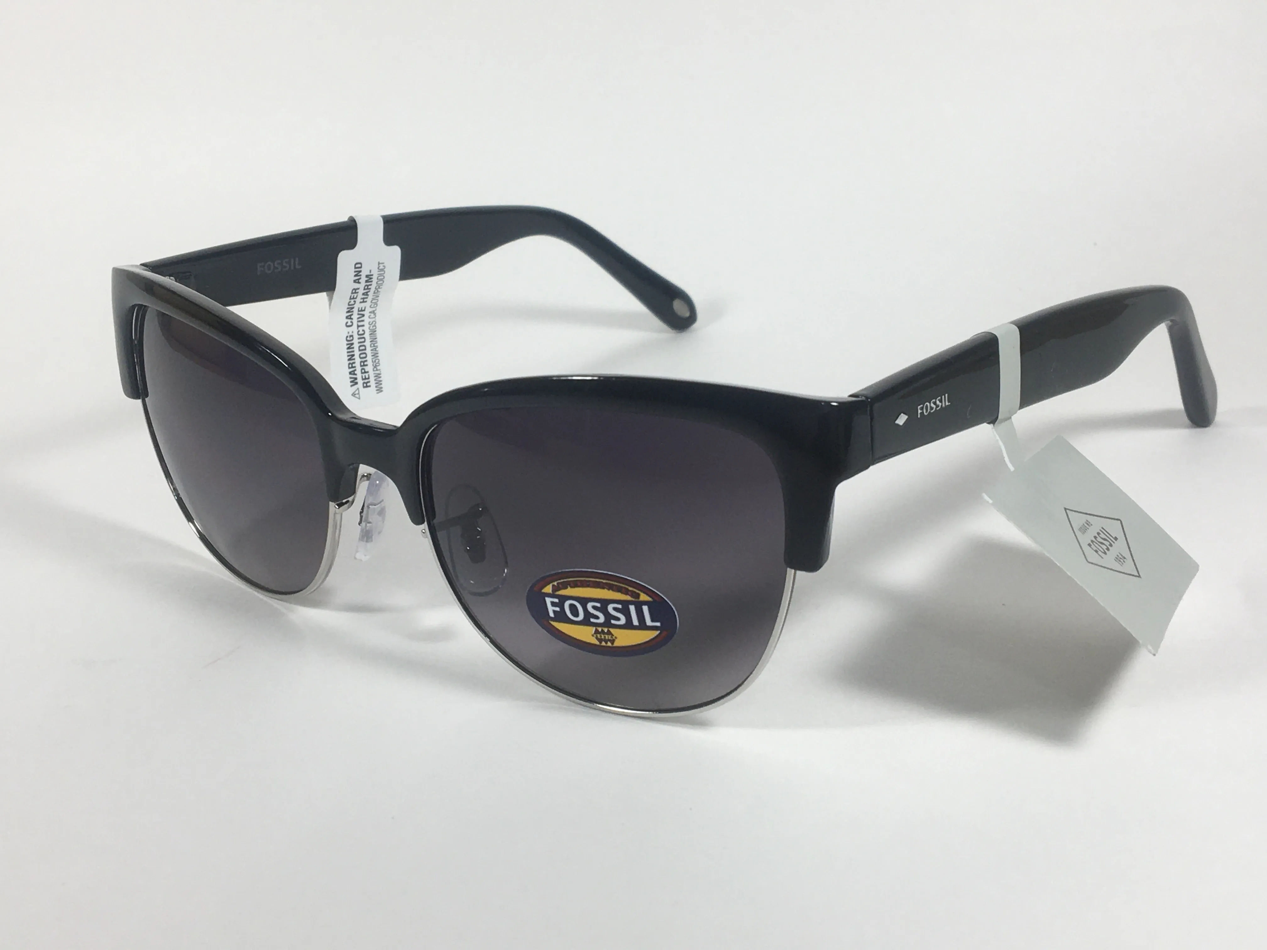 Fossil Catty Club Sunglasses Black Gloss Frame Silver Trim Smoke Gradient Lens FW148