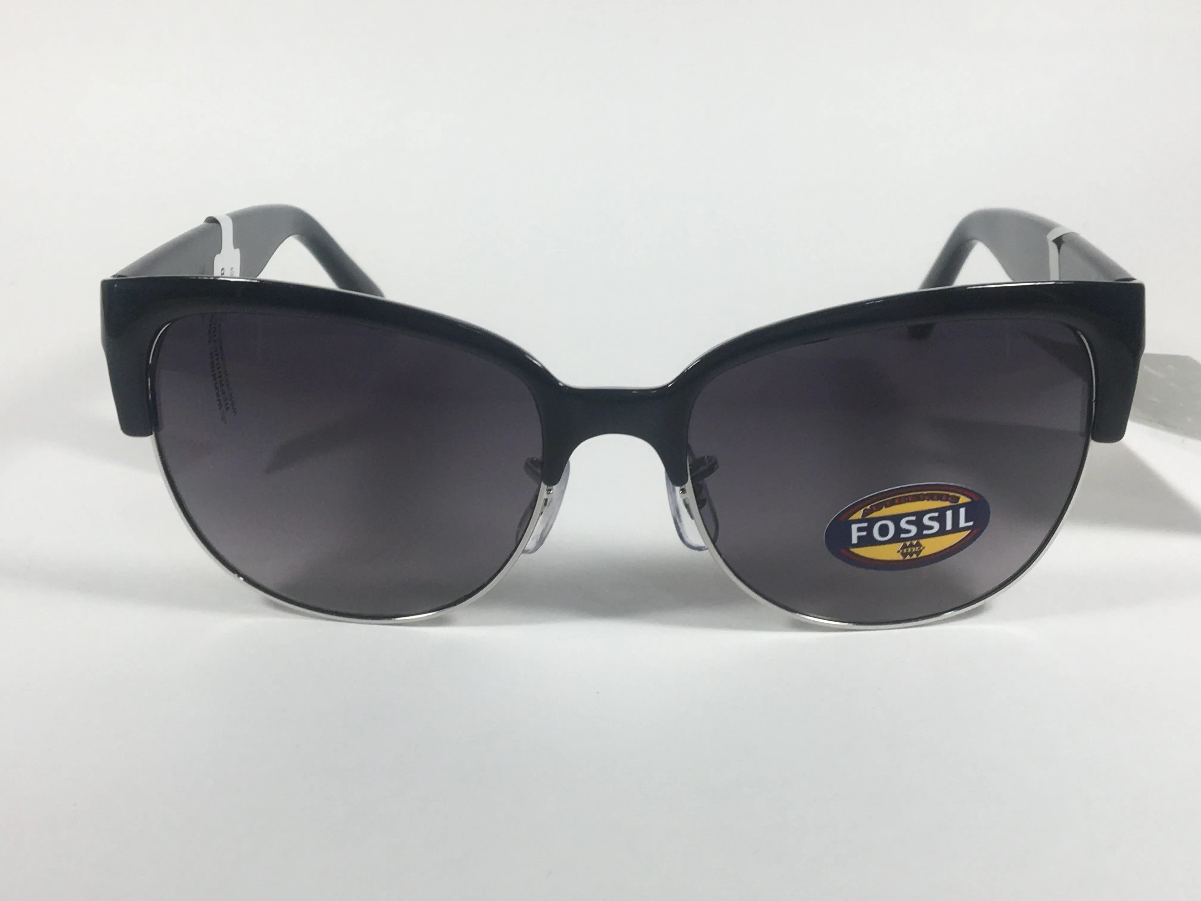 Fossil Catty Club Sunglasses Black Gloss Frame Silver Trim Smoke Gradient Lens FW148