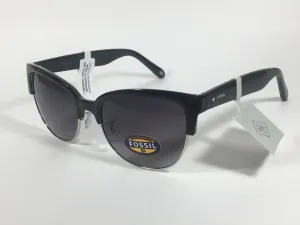 Fossil Catty Club Sunglasses Black Gloss Frame Silver Trim Smoke Gradient Lens FW148