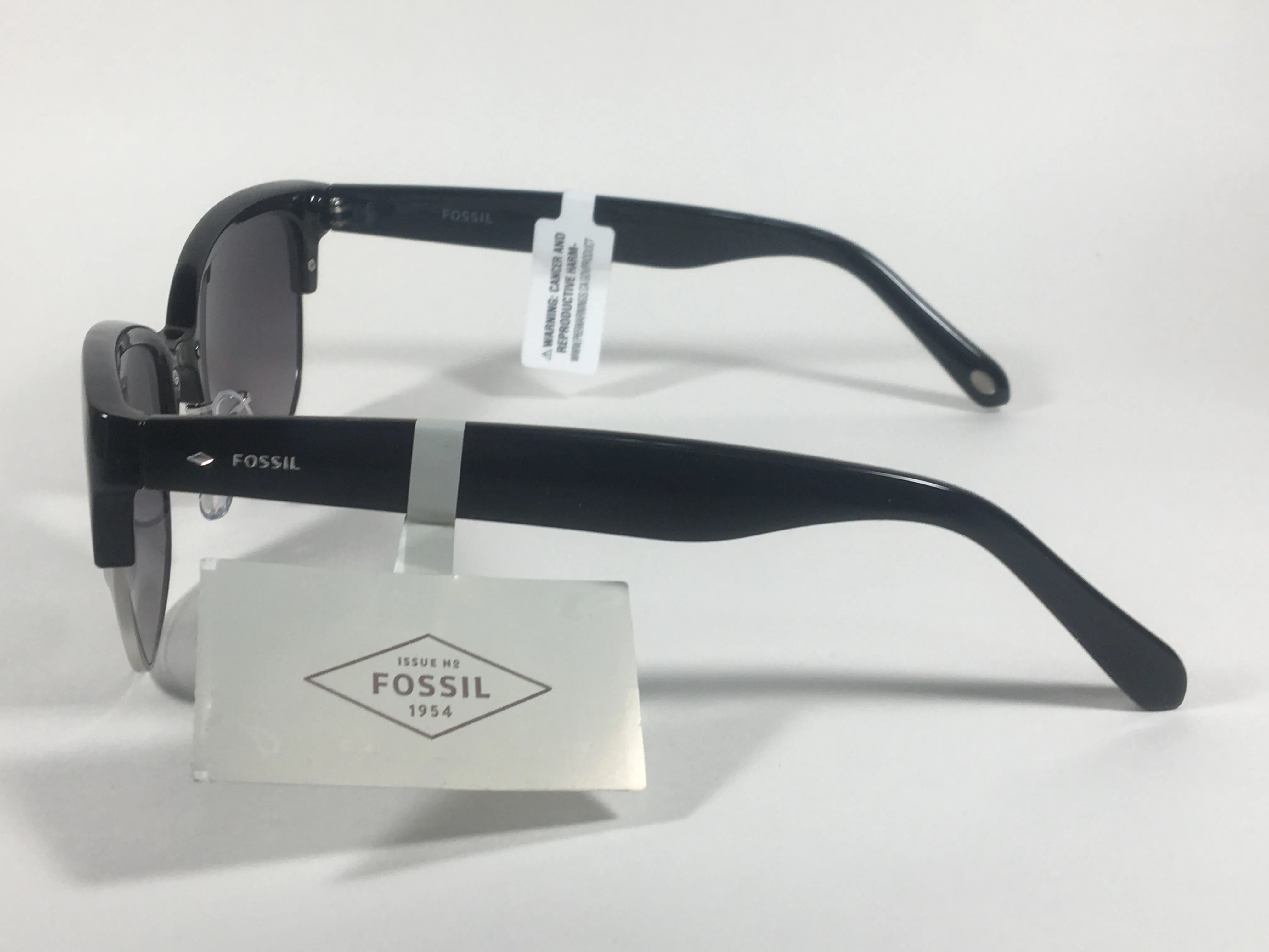 Fossil Catty Club Sunglasses Black Gloss Frame Silver Trim Smoke Gradient Lens FW148