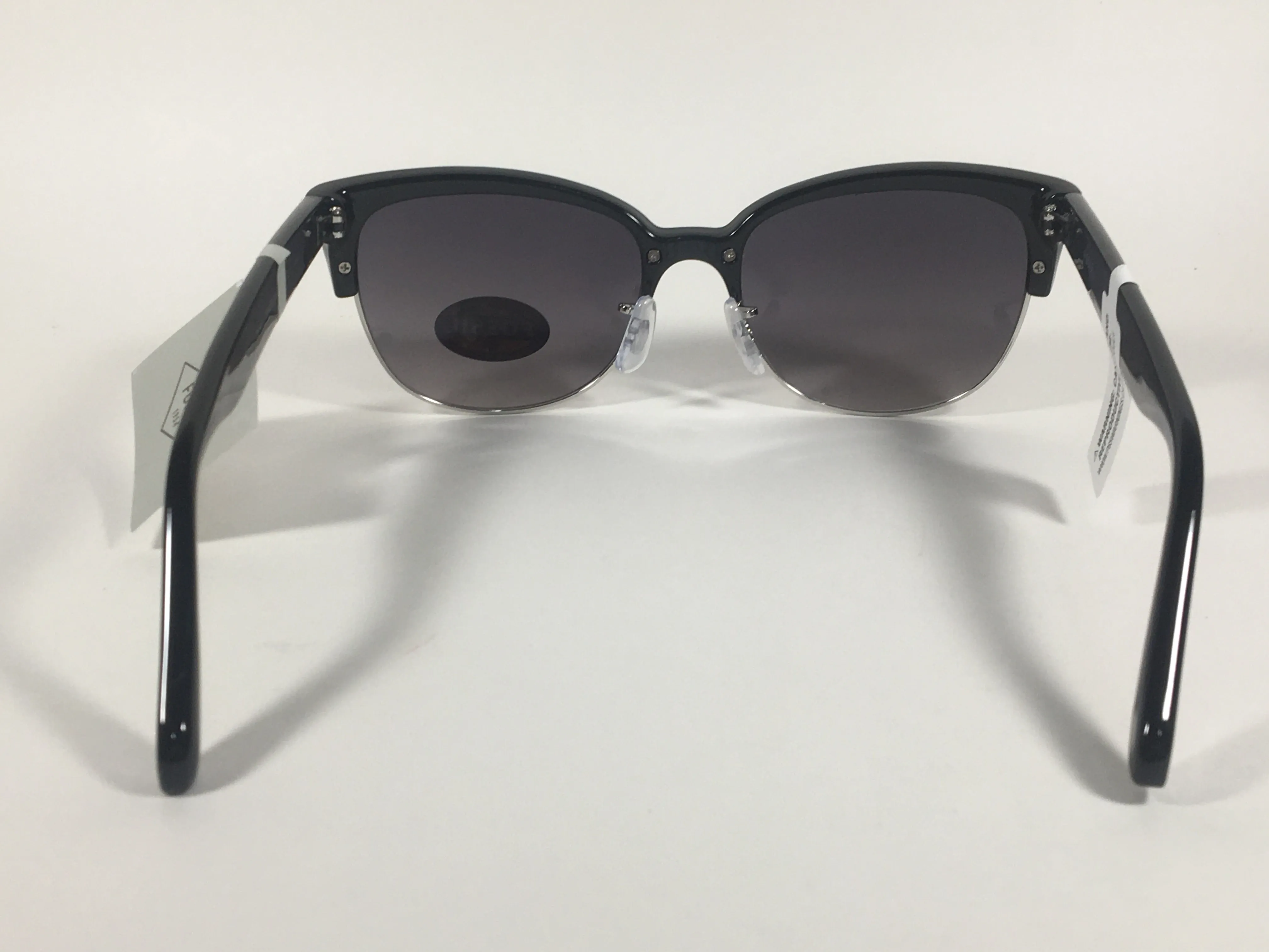 Fossil Catty Club Sunglasses Black Gloss Frame Silver Trim Smoke Gradient Lens FW148