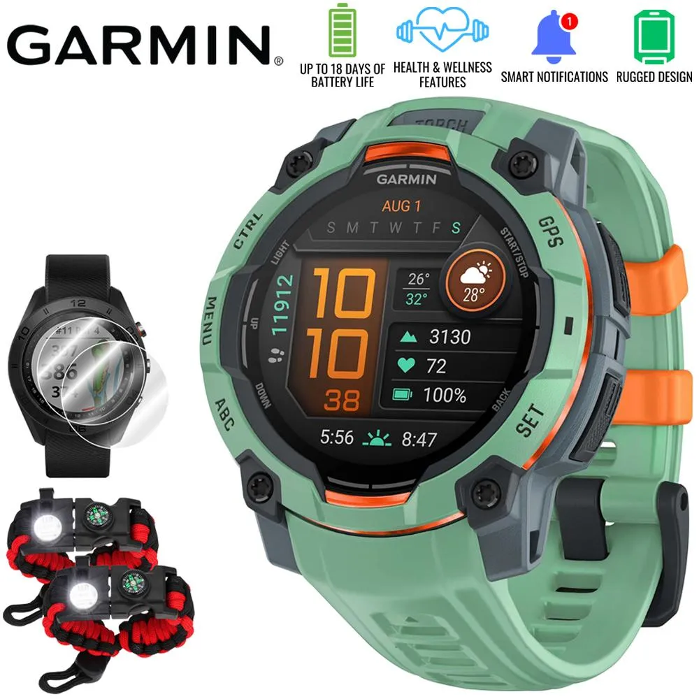 Garmin Instinct 3 45mm GPS Smartwatch, Neo Tropic w/Neo Tropic Band  Accessories Bundle