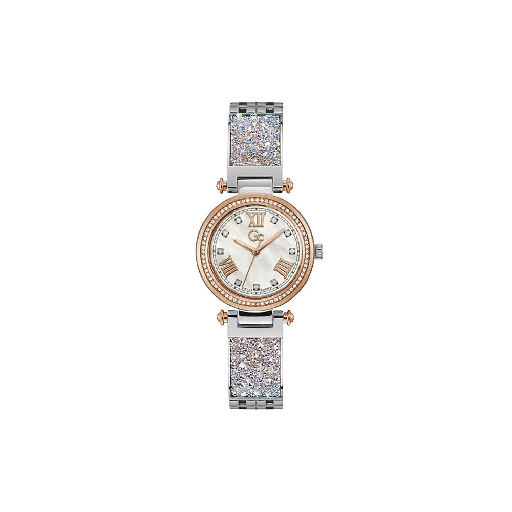Gc Ladies Quartz Watch Silver Tone Steel Case With White Mother Of Pearl Dial / Swarovski Stones On Bracelet