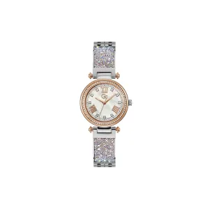 Gc Ladies Quartz Watch Silver Tone Steel Case With White Mother Of Pearl Dial / Swarovski Stones On Bracelet