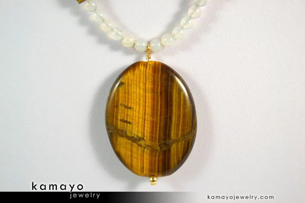 GEMINI NECKLACE - Large Tiger Eye Pendant and Botswana Agate Beads