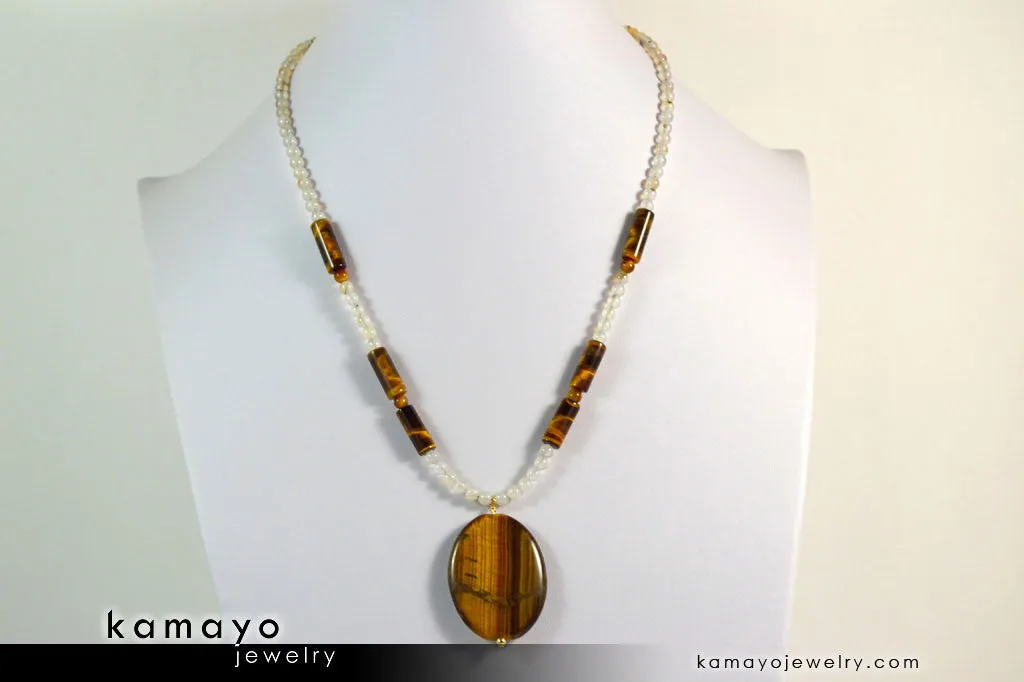 GEMINI NECKLACE - Large Tiger Eye Pendant and Botswana Agate Beads