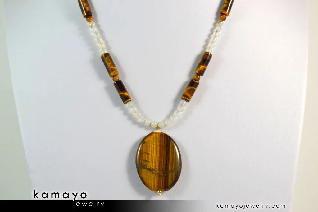 GEMINI NECKLACE - Large Tiger Eye Pendant and Botswana Agate Beads