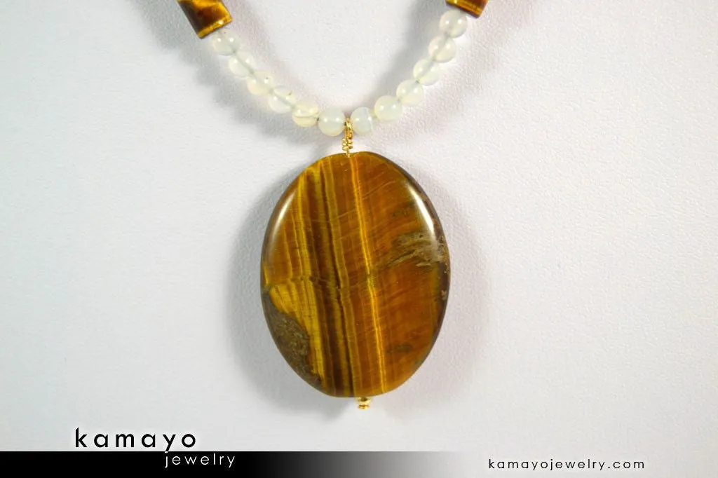GEMINI NECKLACE - Large Tiger Eye Pendant and Botswana Agate Beads