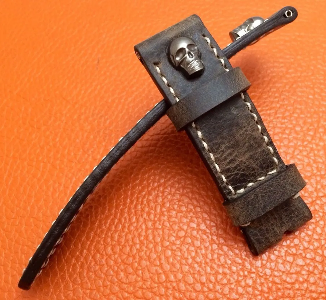 Geunine Leather Watch Strap vintage dark brown in 24mm/22mm lug width with Sterling Silver 925 skull pin, Mens Wrist Watch band, Christmas Gift Idea