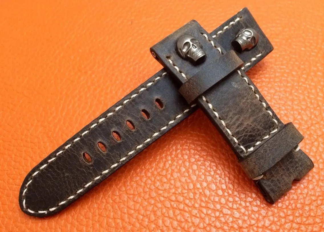 Geunine Leather Watch Strap vintage dark brown in 24mm/22mm lug width with Sterling Silver 925 skull pin, Mens Wrist Watch band, Christmas Gift Idea