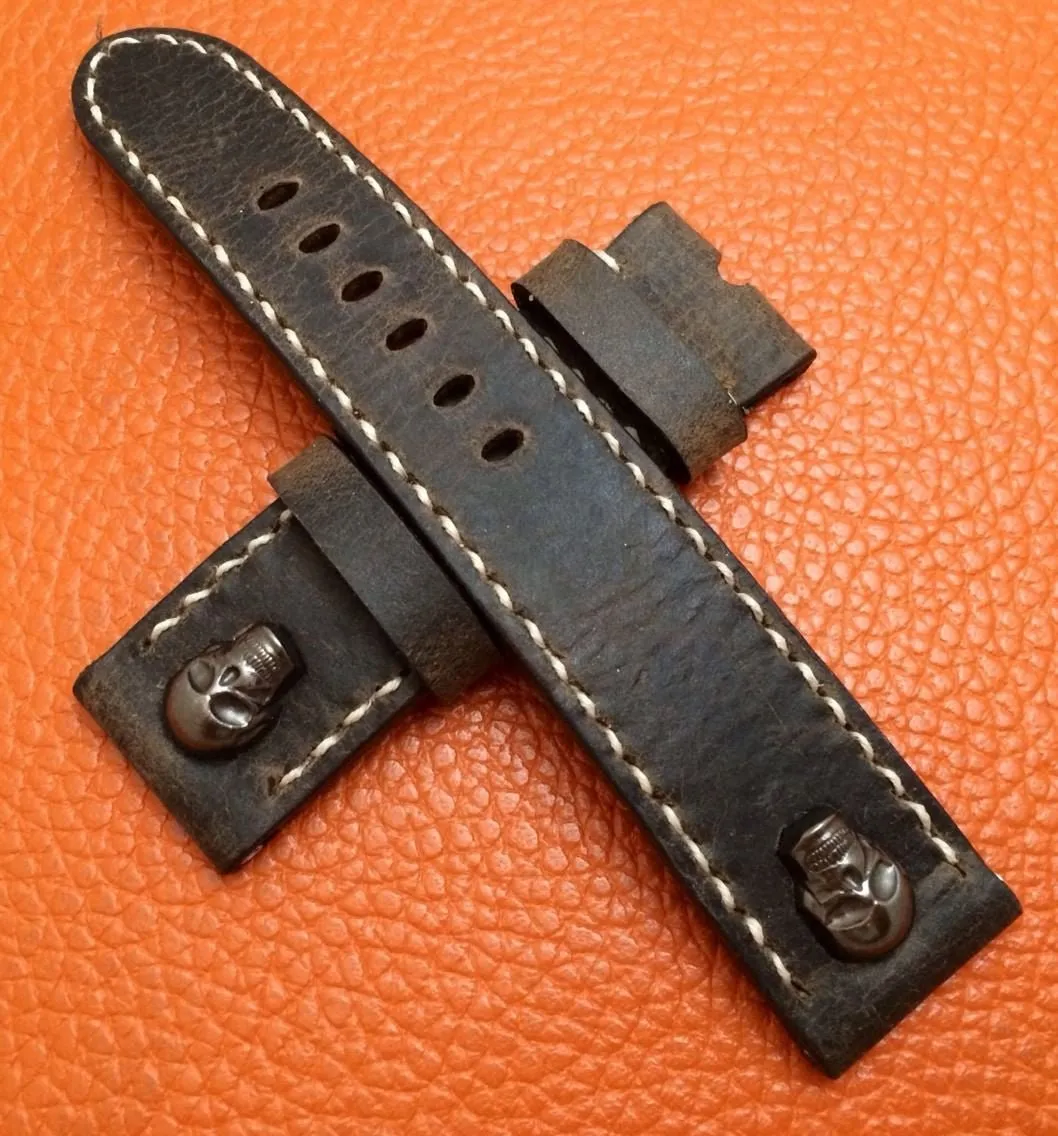 Geunine Leather Watch Strap vintage dark brown in 24mm/22mm lug width with Sterling Silver 925 skull pin, Mens Wrist Watch band, Christmas Gift Idea