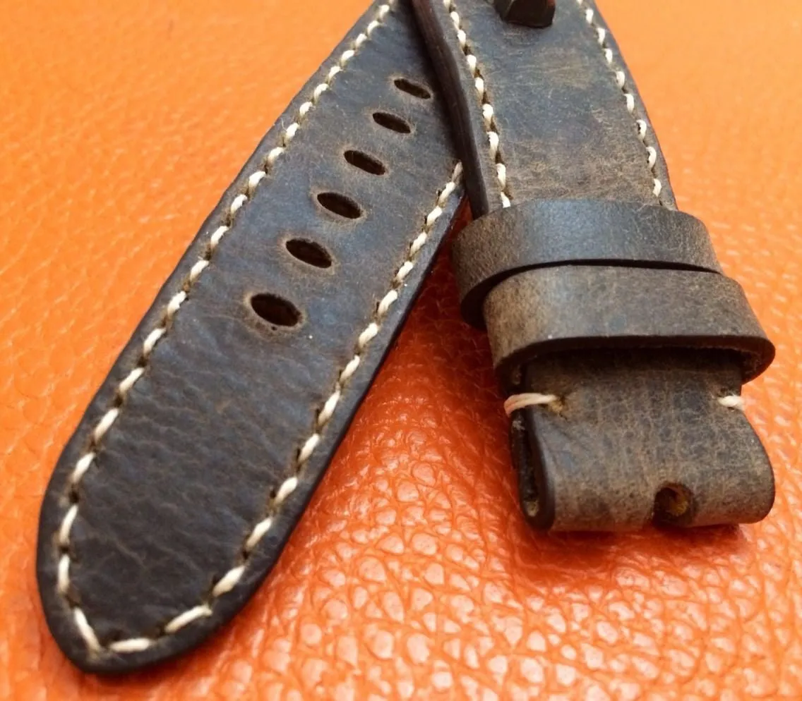 Geunine Leather Watch Strap vintage dark brown in 24mm/22mm lug width with Sterling Silver 925 skull pin, Mens Wrist Watch band, Christmas Gift Idea