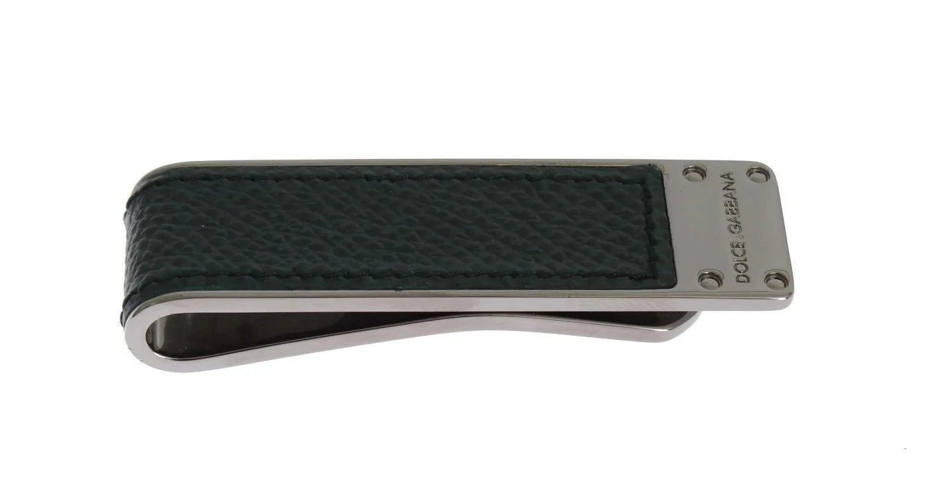 Green Leather Silver Brass Money Clip