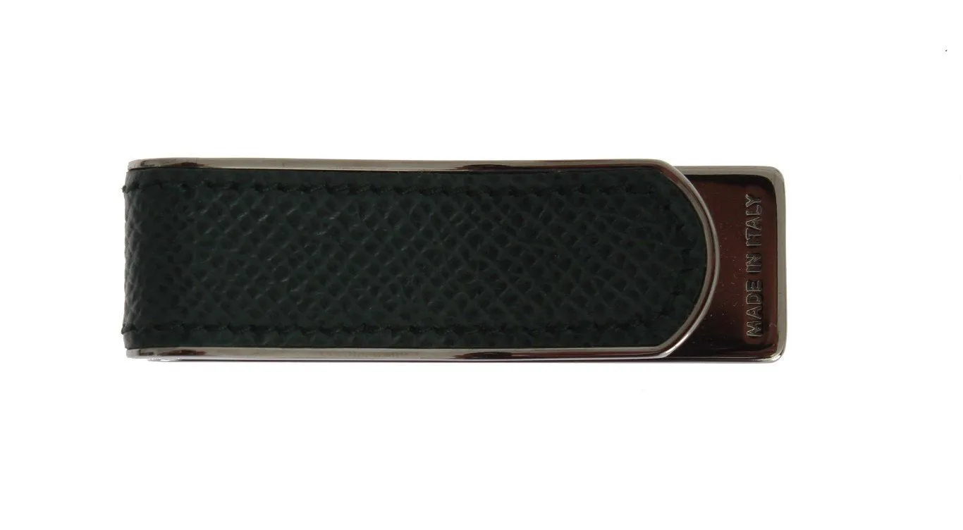 Green Leather Silver Brass Money Clip