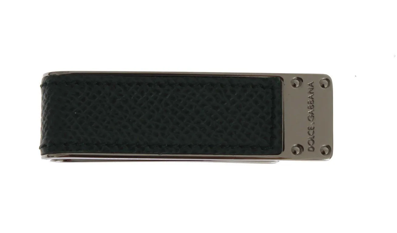 Green Leather Silver Brass Money Clip