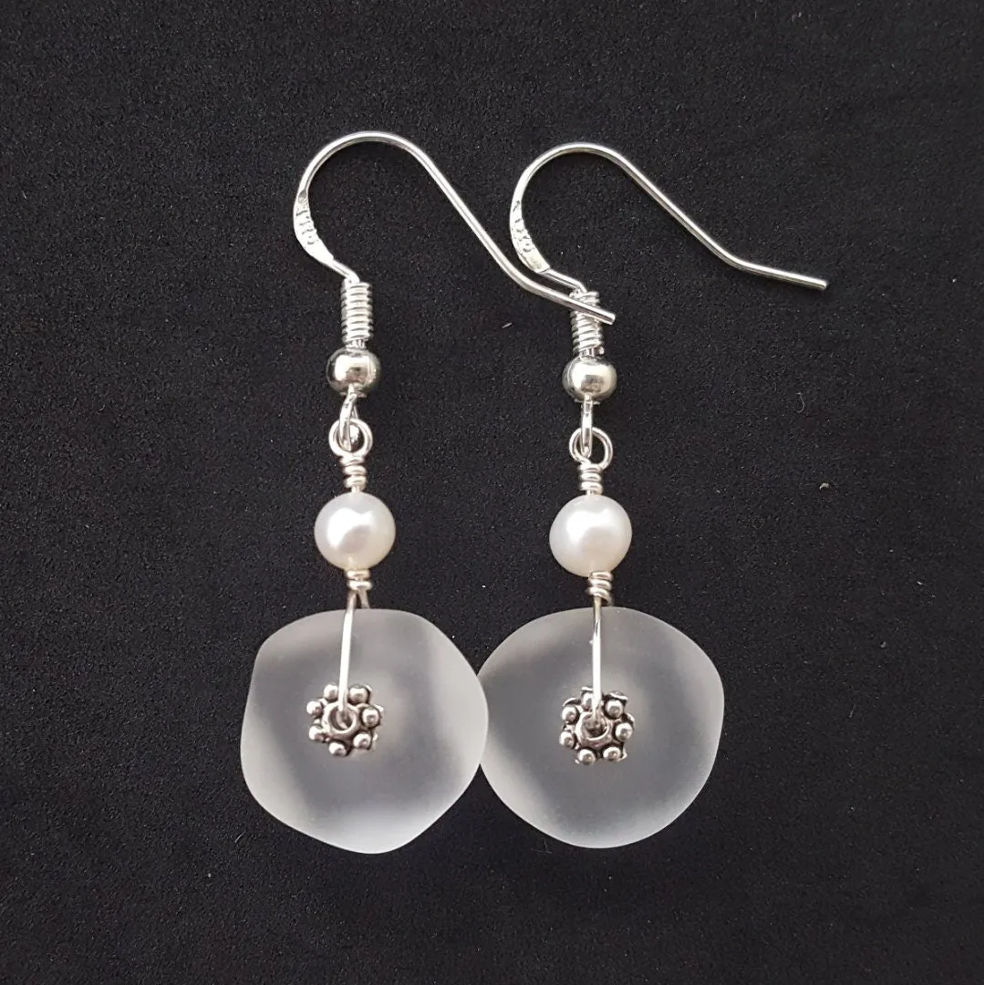 Hawaiian Jewelry Sea Glass Earrings, Crystal Earrings Pearl Earrings, Beach Jewelry Sea Glass Jewelry, Birthday Gift (April Birthstone Gift)