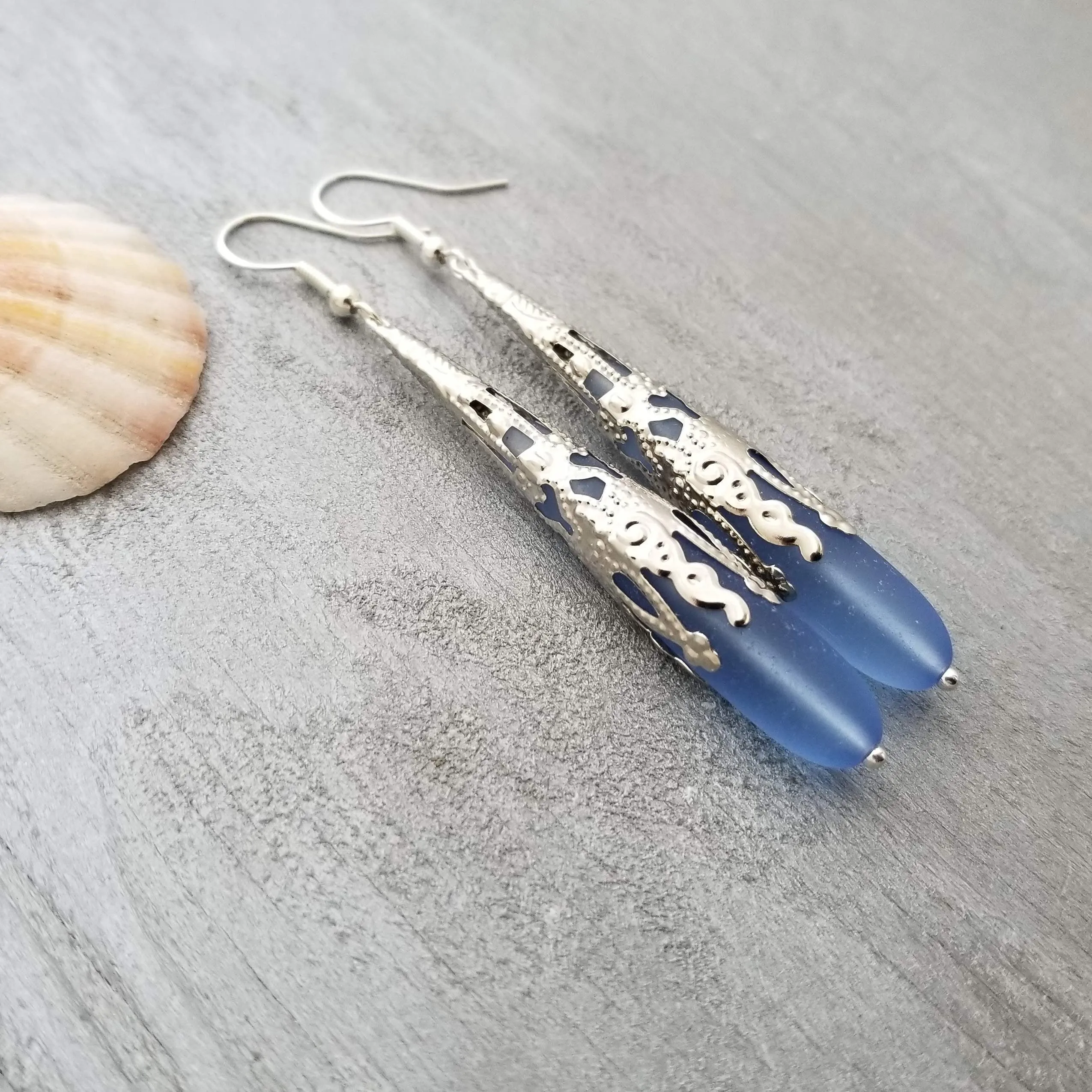Hawaiian Jewelry Sea Glass Earrings, Light Cobalt Blue Earrings Long Teardrop Earrings, Sea Glass Jewelry (September Birthstone Gifts)