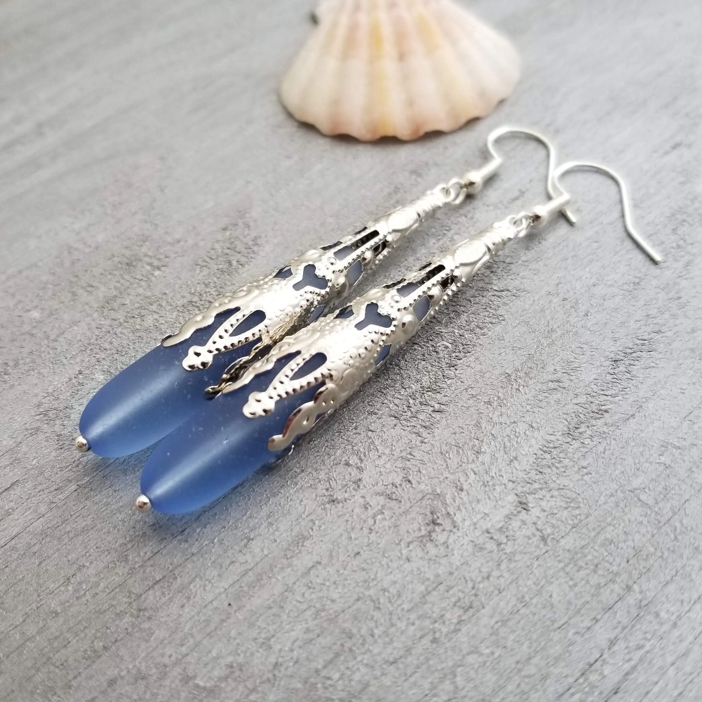 Hawaiian Jewelry Sea Glass Earrings, Light Cobalt Blue Earrings Long Teardrop Earrings, Sea Glass Jewelry (September Birthstone Gifts)