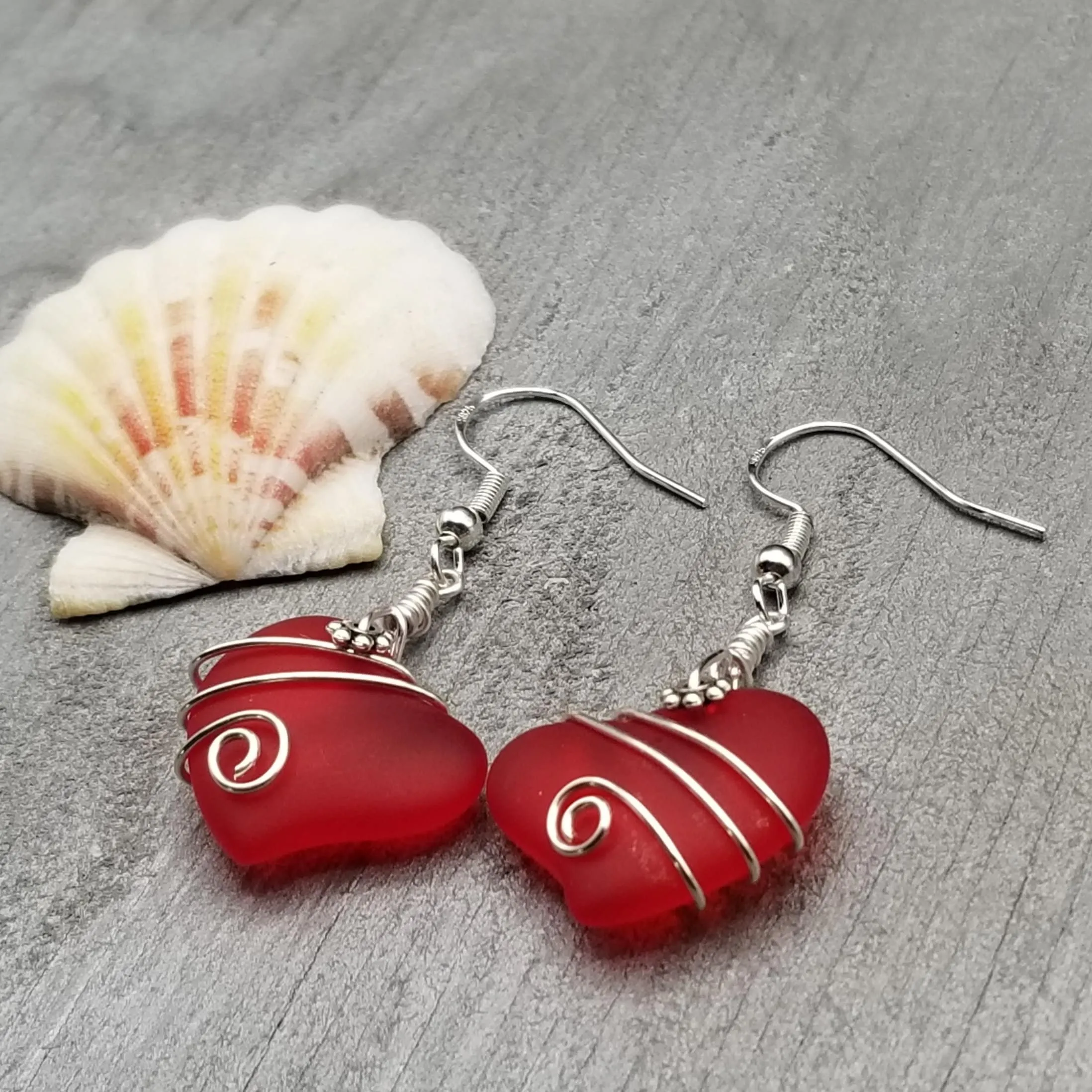 Hawaiian Jewelry Sea Glass Earrings, Wire Twin Heart Earrings Red Earrings, Beach Jewelry (January Birthstone Jewelry)