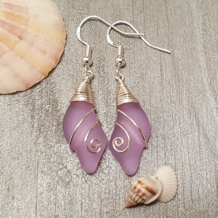 Hawaiian Jewelry Sea Glass Earrings, Wire Wave Purple Earrings, Sea Glass Jewelry Beach Jewelry Birthday Gift (February Birthstone Jewelry)